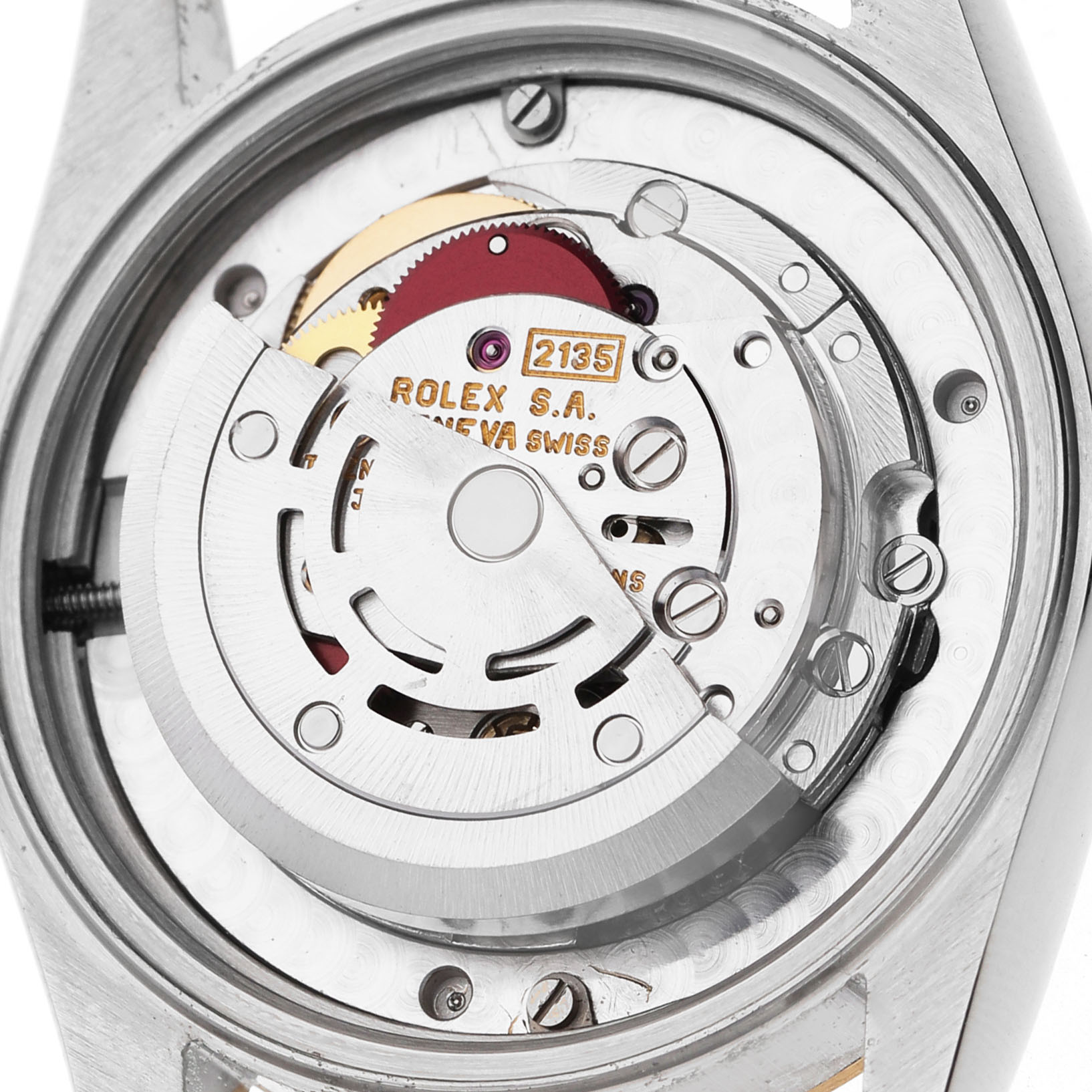 The image shows the movement of a Rolex Datejust 68273 Women's Steel and Gold (two tone) Beige Dial from the back, displaying the rotor and inner mechanics.