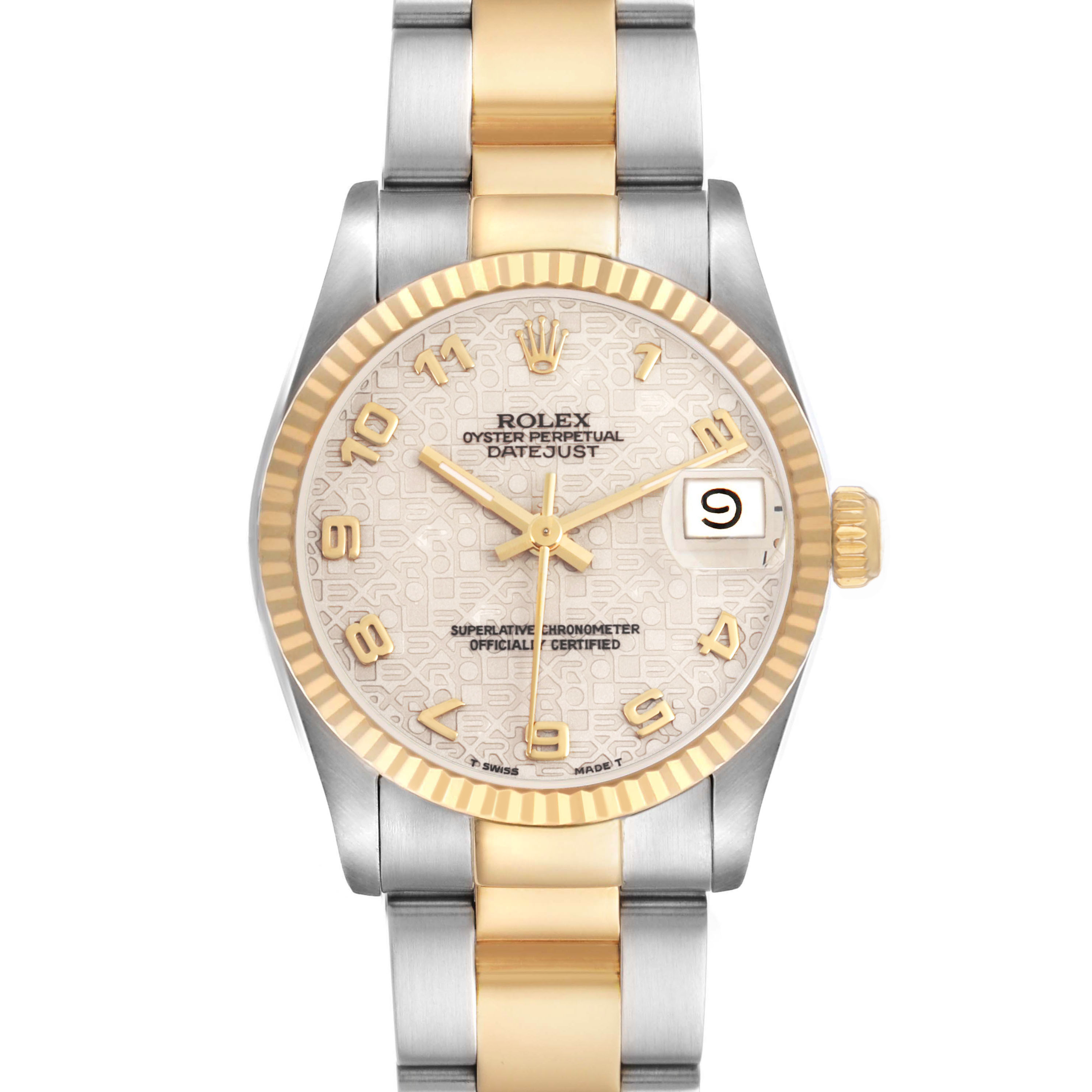 The Rolex Datejust 68273 Women's Steel and Gold (two tone) Beige Dial is shown from the front, displaying its dial, bezel, case, and part of the bracelet.