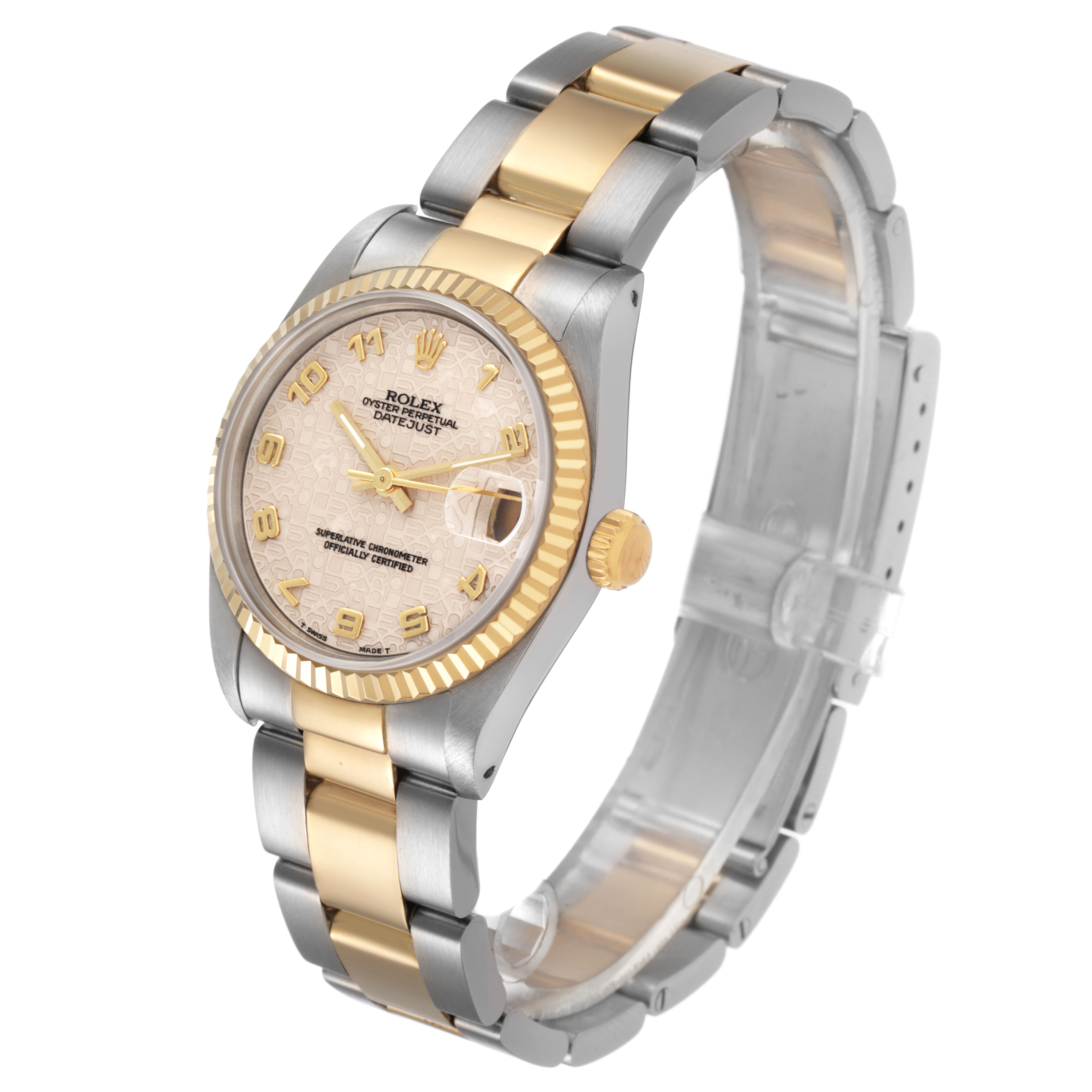 The Rolex Datejust 68273 Women's Steel and Gold (two tone) Beige Dial watch is shown at a three-quarter angle, highlighting the bezel, bracelet, and dial.