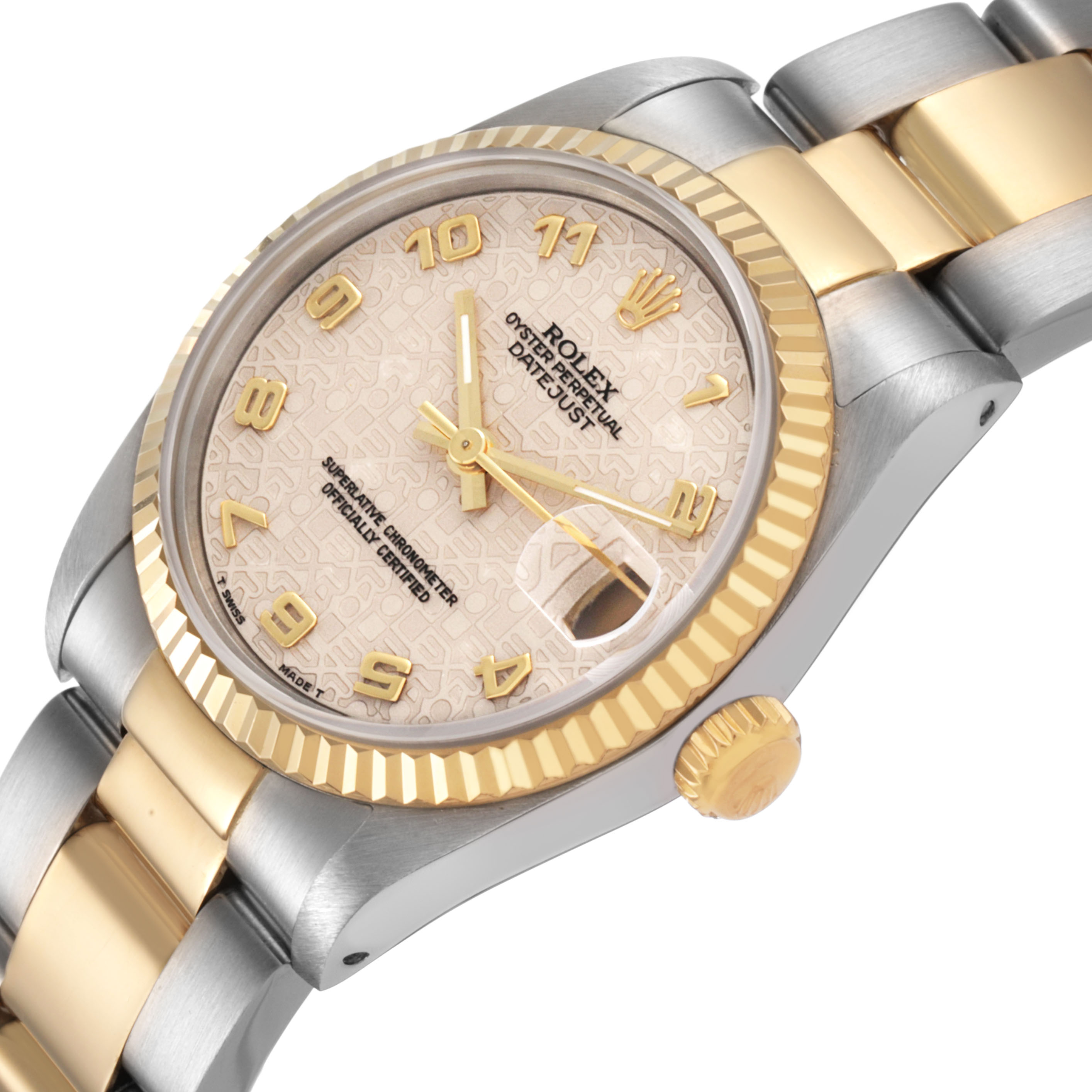 The Rolex Datejust 68273 Women's Steel and Gold (two tone) Beige Dial watch is shown at a slight angle, highlighting the face, bezel, crown, and part of the bracelet.