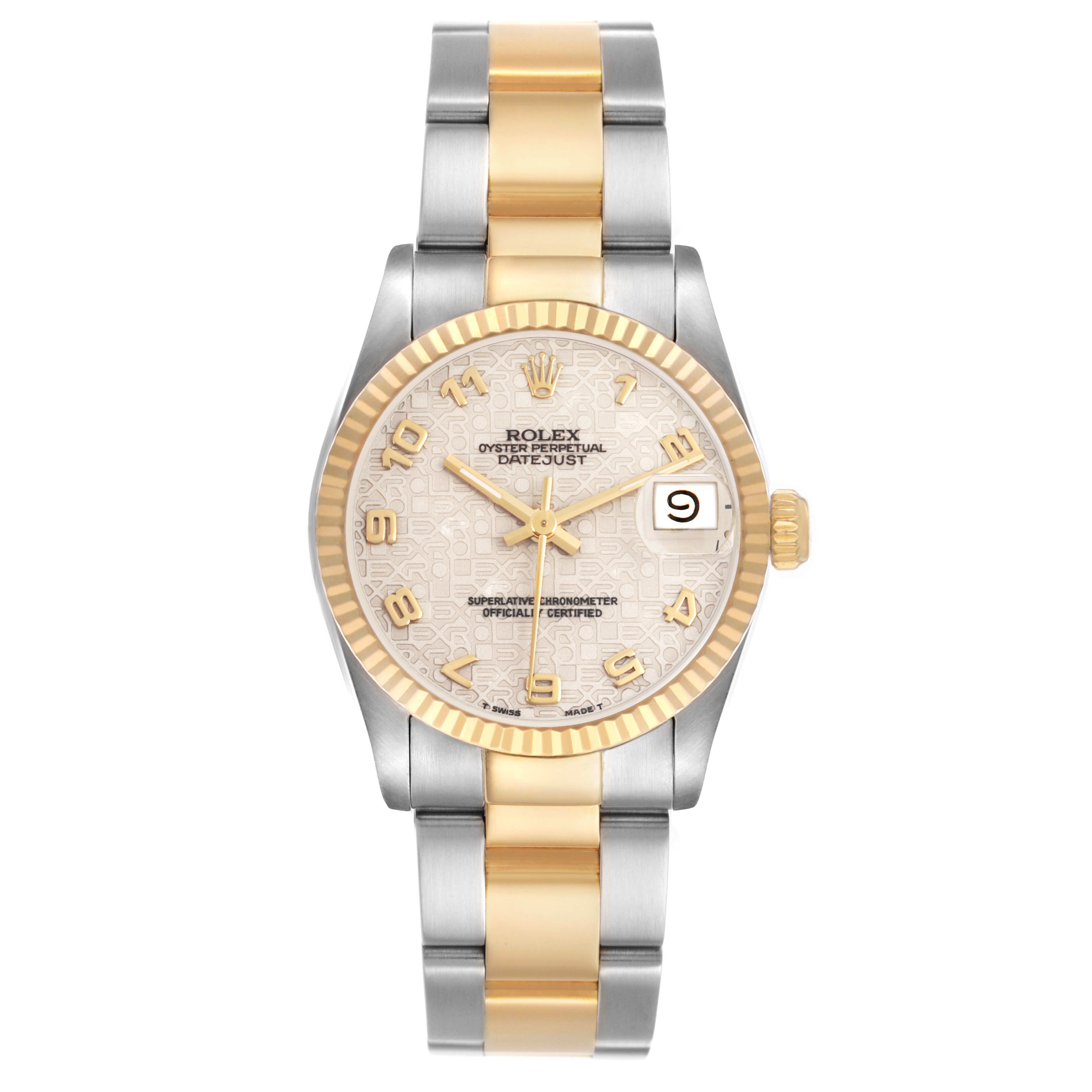 The Rolex Datejust 68273 Women's Steel and Gold (two tone) Beige Dial watch is shown from a front angle, highlighting its dial, bezel, bracelet, and date feature.