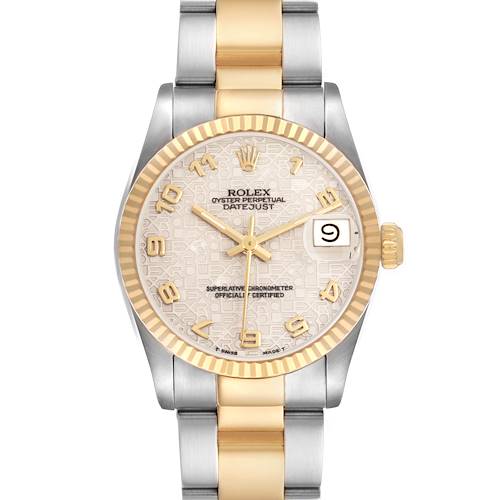 The Rolex Datejust 68273 Women's Steel and Gold (two tone) Beige Dial watch is shown from a front angle, displaying the dial, bezel, and part of the bracelet.