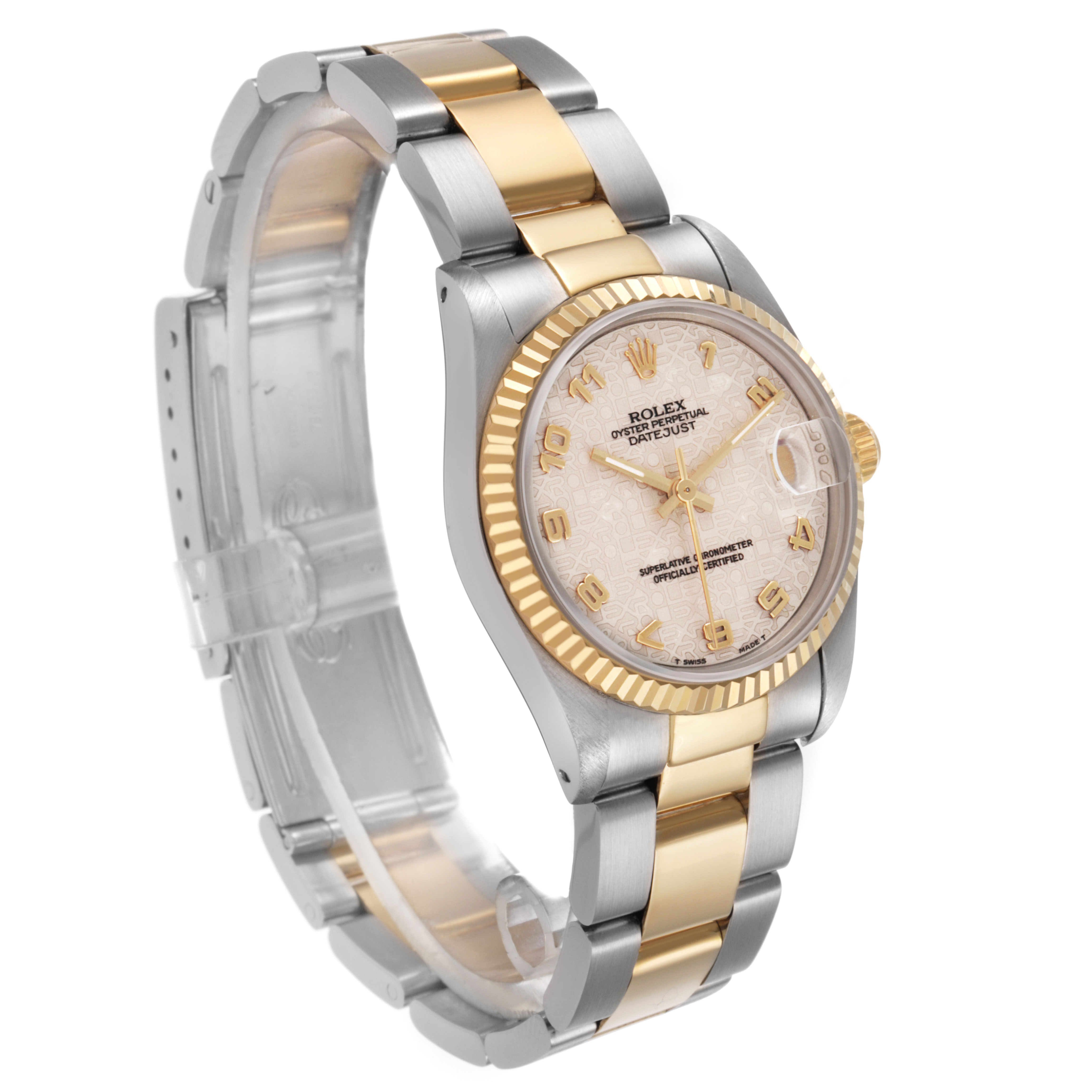 The Rolex Datejust 68273 Women's Steel and Gold (two tone) Beige Dial watch is shown at an angled side view, displaying the dial, bezel, bracelet, and crown.