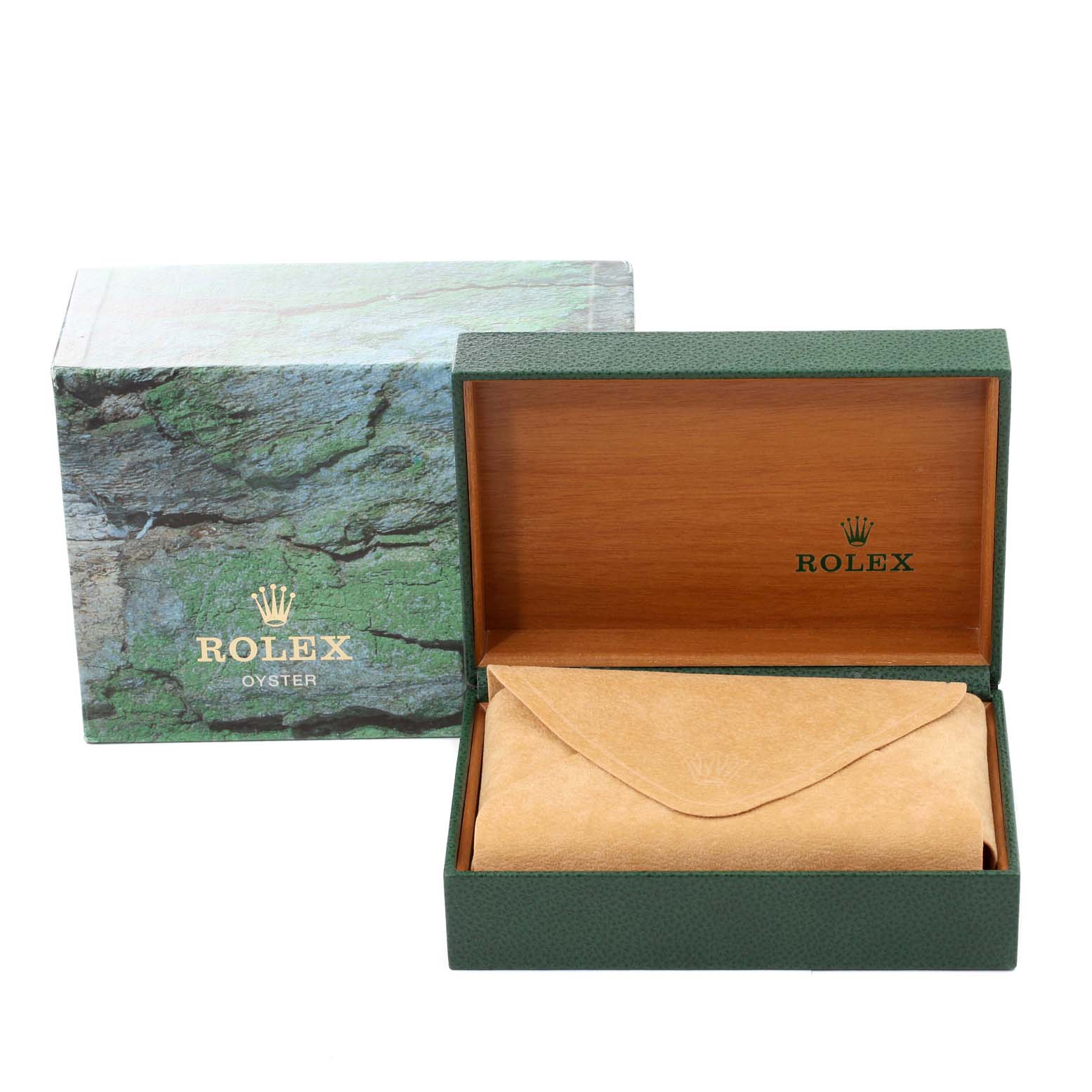 The image shows the packaging box for a Rolex Datejust 16200 Men's Stainless Steel Blue Dial 16200 Men's Stainless Steel Blue Dial watch, including the outer box, inner box, and pouch.