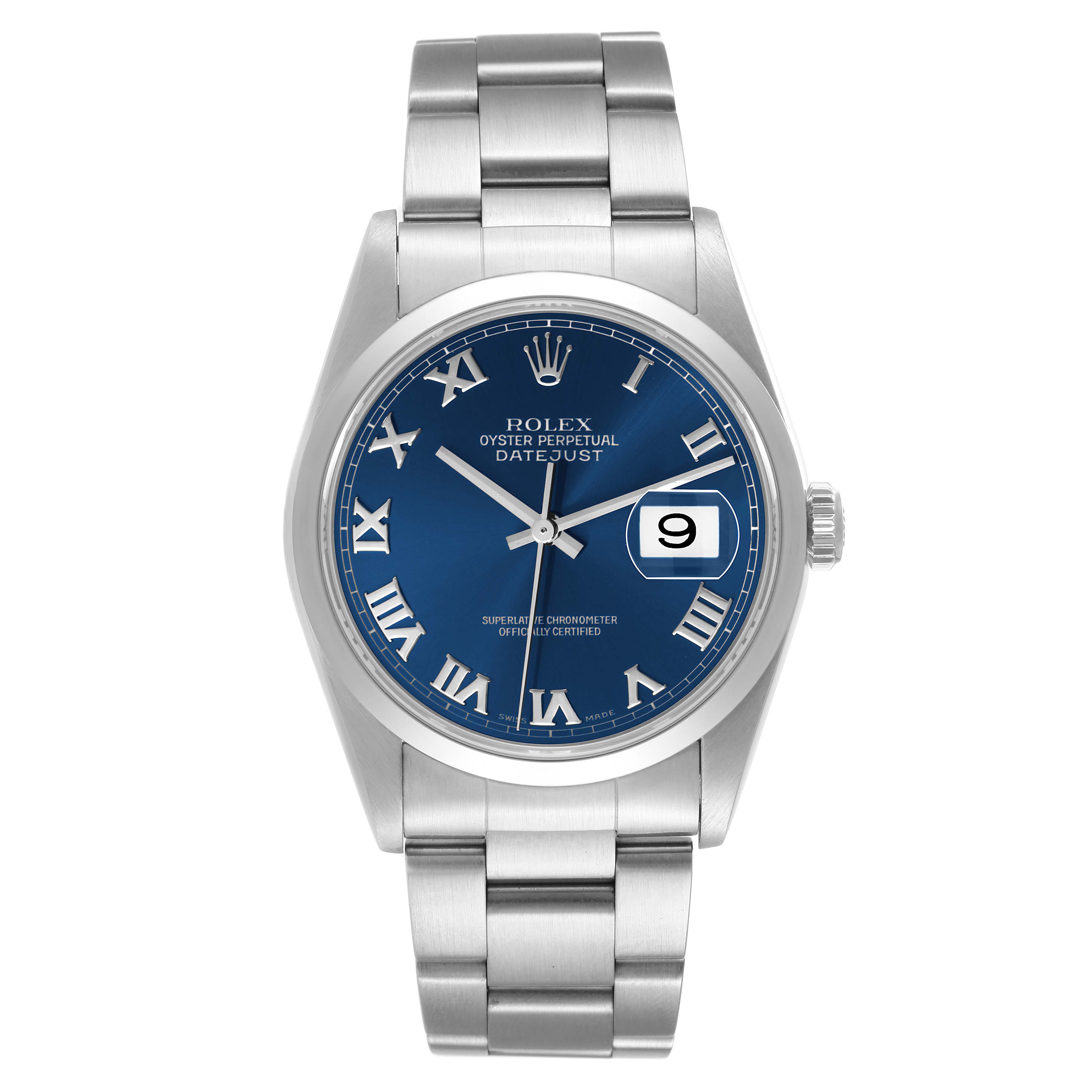 The image shows a frontal view of a Rolex Datejust 16200 Men's Stainless Steel Blue Dial 16200 Men's Stainless Steel Blue Dial watch, highlighting the blue dial, Roman numerals, date window, and stainless steel bracelet.