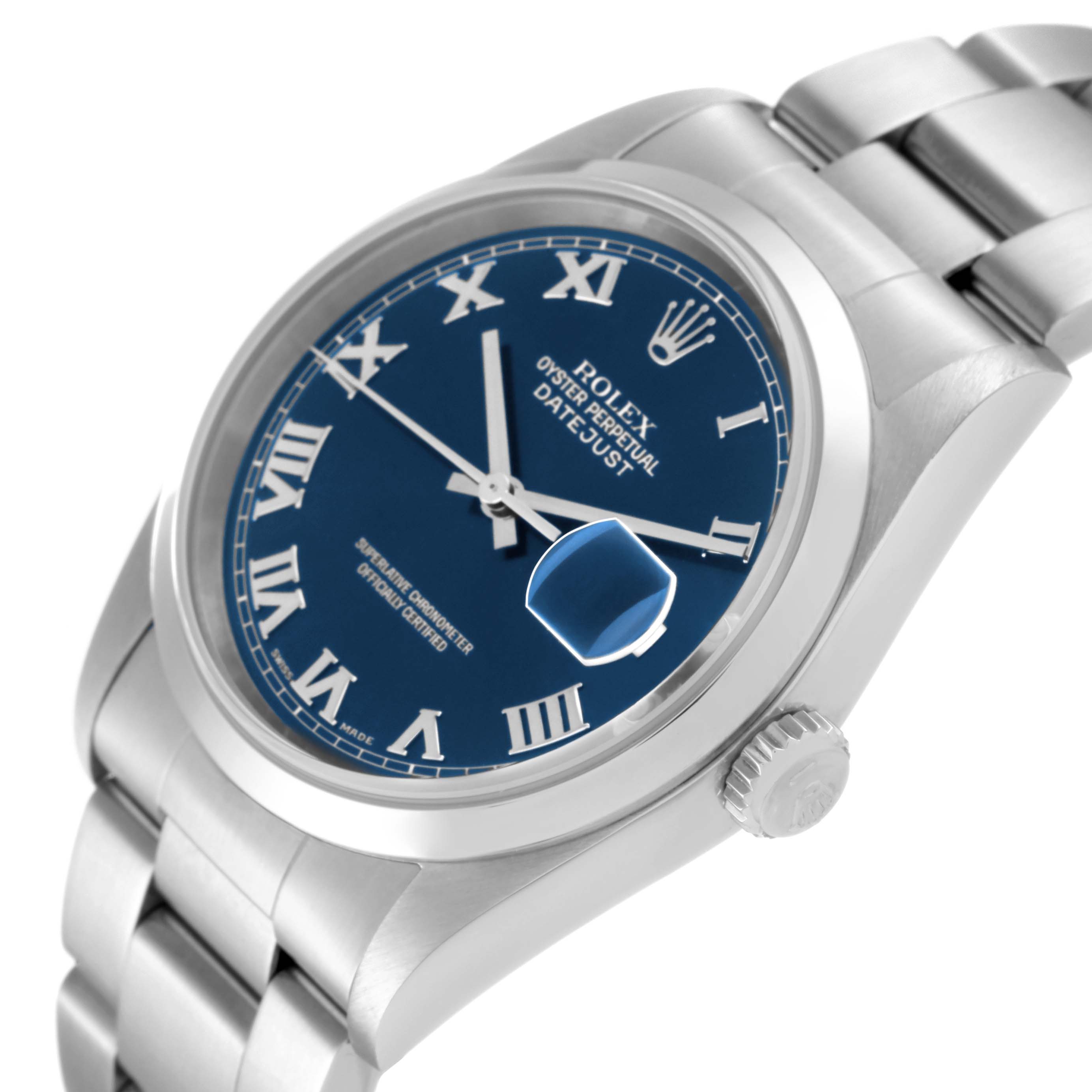 The image shows a side angle of the Rolex Datejust 16200 Men's Stainless Steel Blue Dial 16200 Men's Stainless Steel Blue Dial watch, highlighting the blue dial, Roman numerals, case, crown, and part of the bracelet.