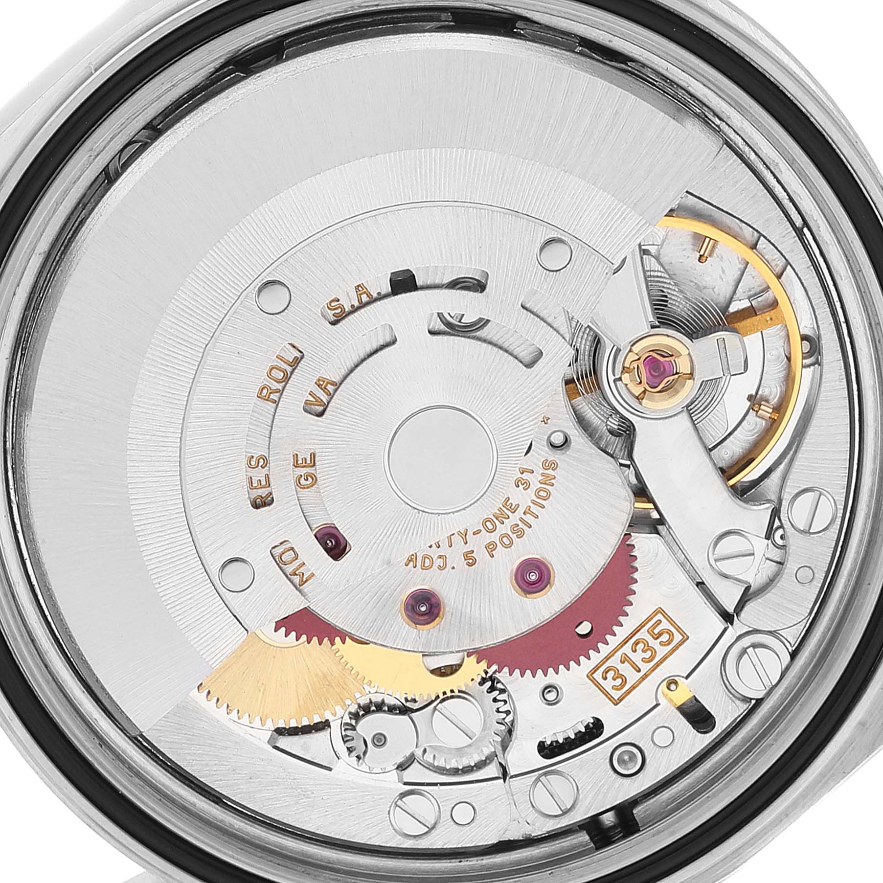 This image shows a close-up view of the movement mechanism inside a Rolex Datejust 16200 Men's Stainless Steel Blue Dial 16200 Men's Stainless Steel Blue Dial watch.