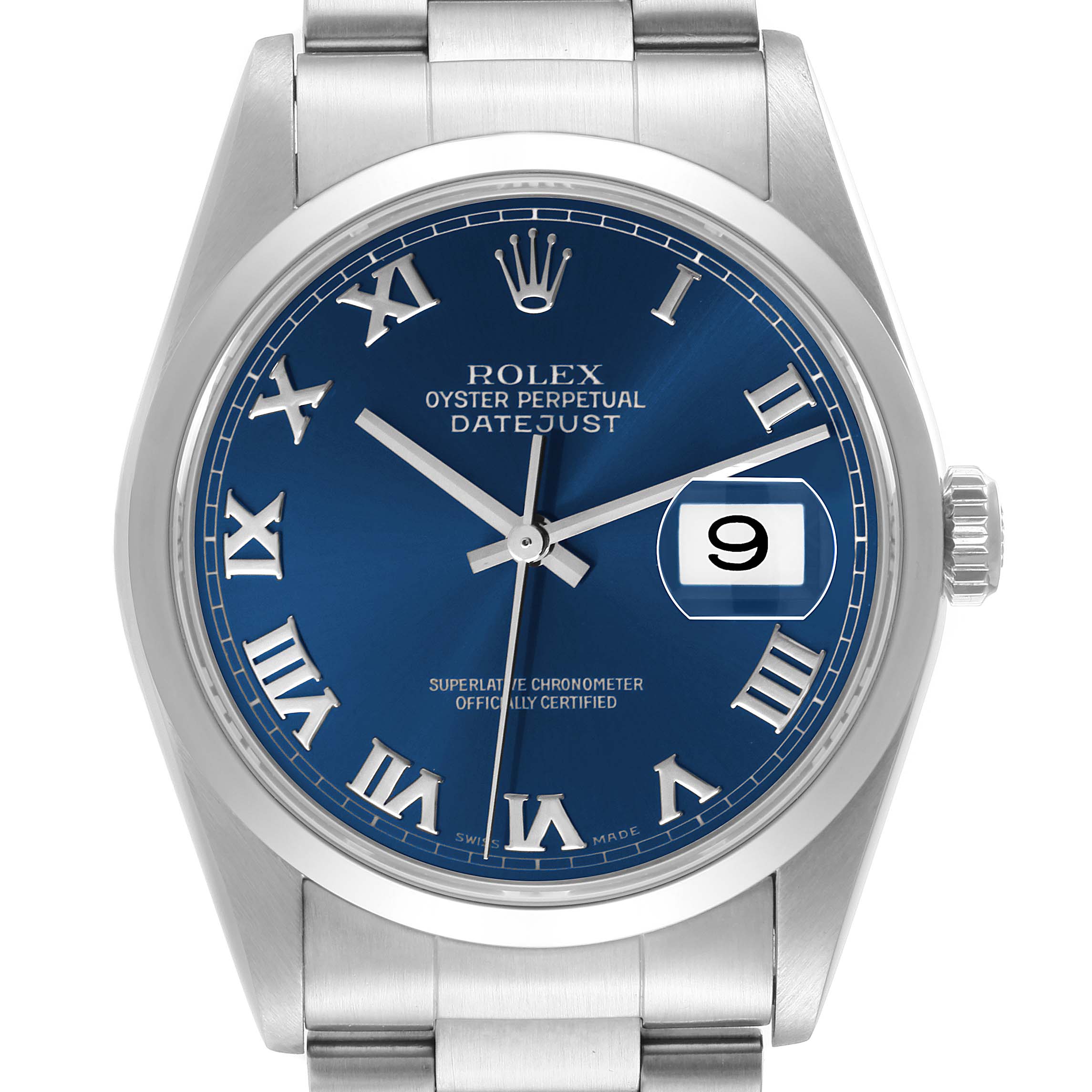 This image shows a front view of a Rolex Datejust 16200 Men's Stainless Steel Blue Dial 16200 Men's Stainless Steel Blue Dial watch, highlighting its blue dial, Roman numeral markers, date window, and stainless steel bracelet.