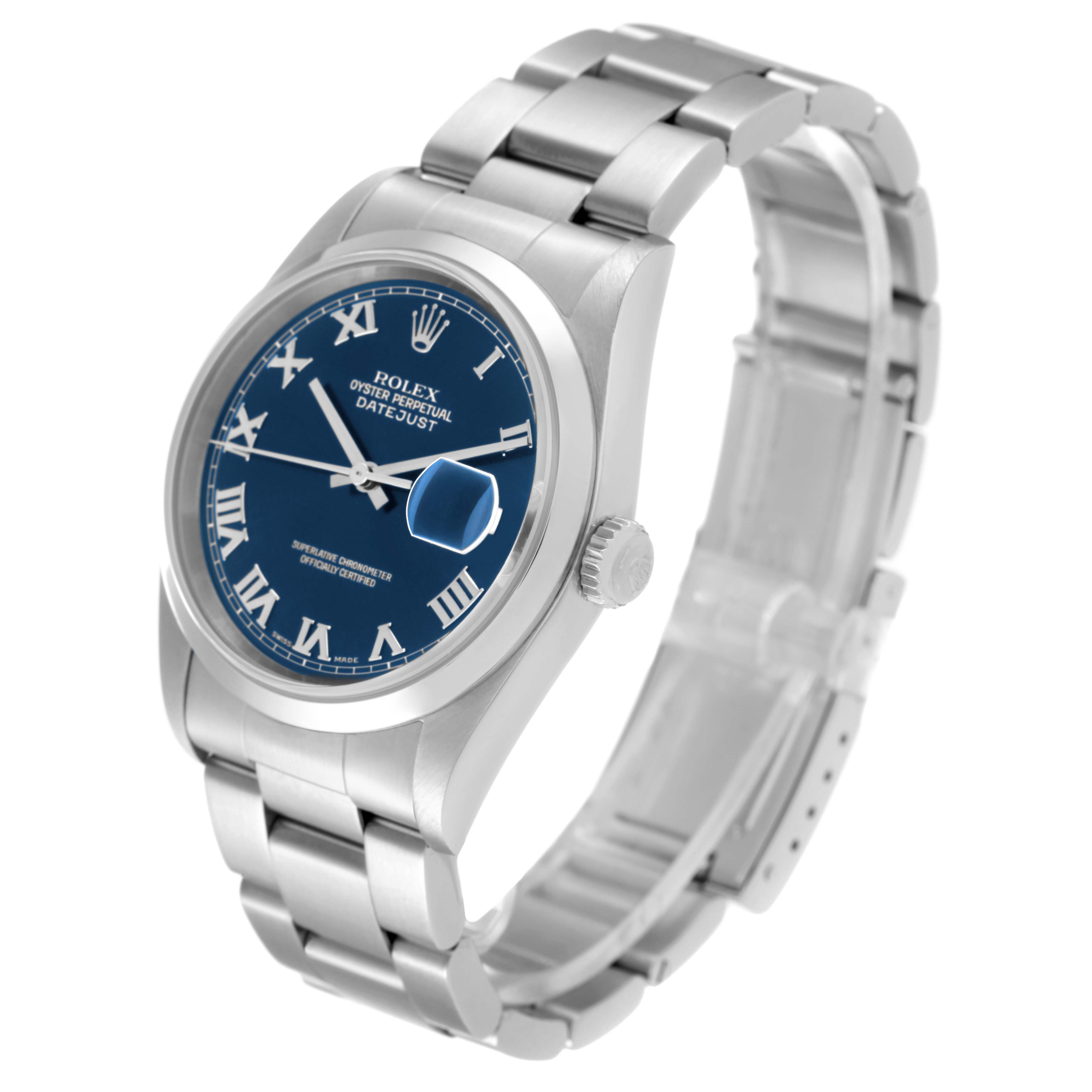 The image shows a Rolex Datejust 16200 Men's Stainless Steel Blue Dial 16200 Men's Stainless Steel Blue Dial watch with a side-angle view, highlighting its blue dial, stainless steel case, and bracelet.