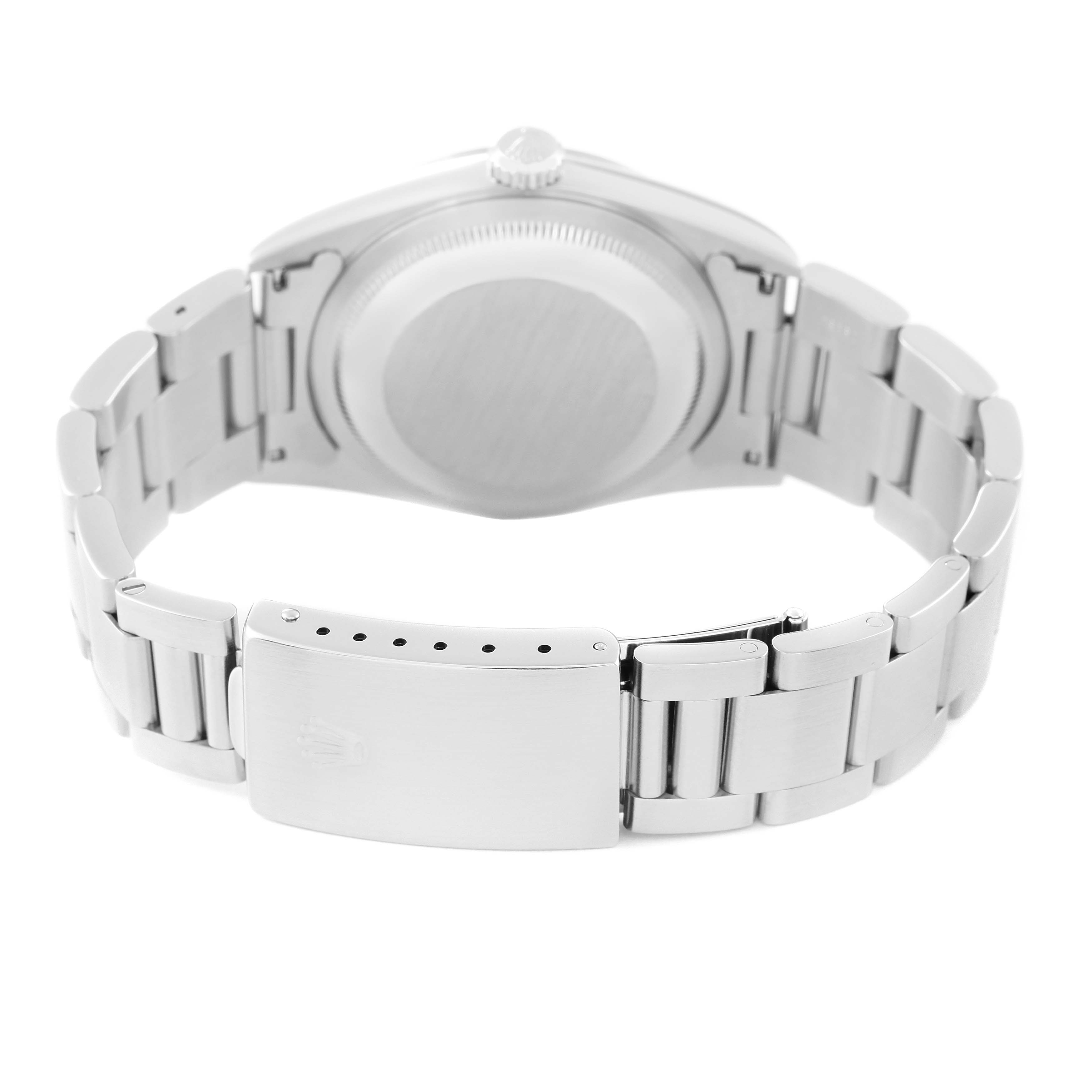 This image shows the back of a Rolex Datejust 16200 Men's Stainless Steel Blue Dial 16200 Men's Stainless Steel Blue Dial watch, focusing on the clasp, bracelet, and case back.