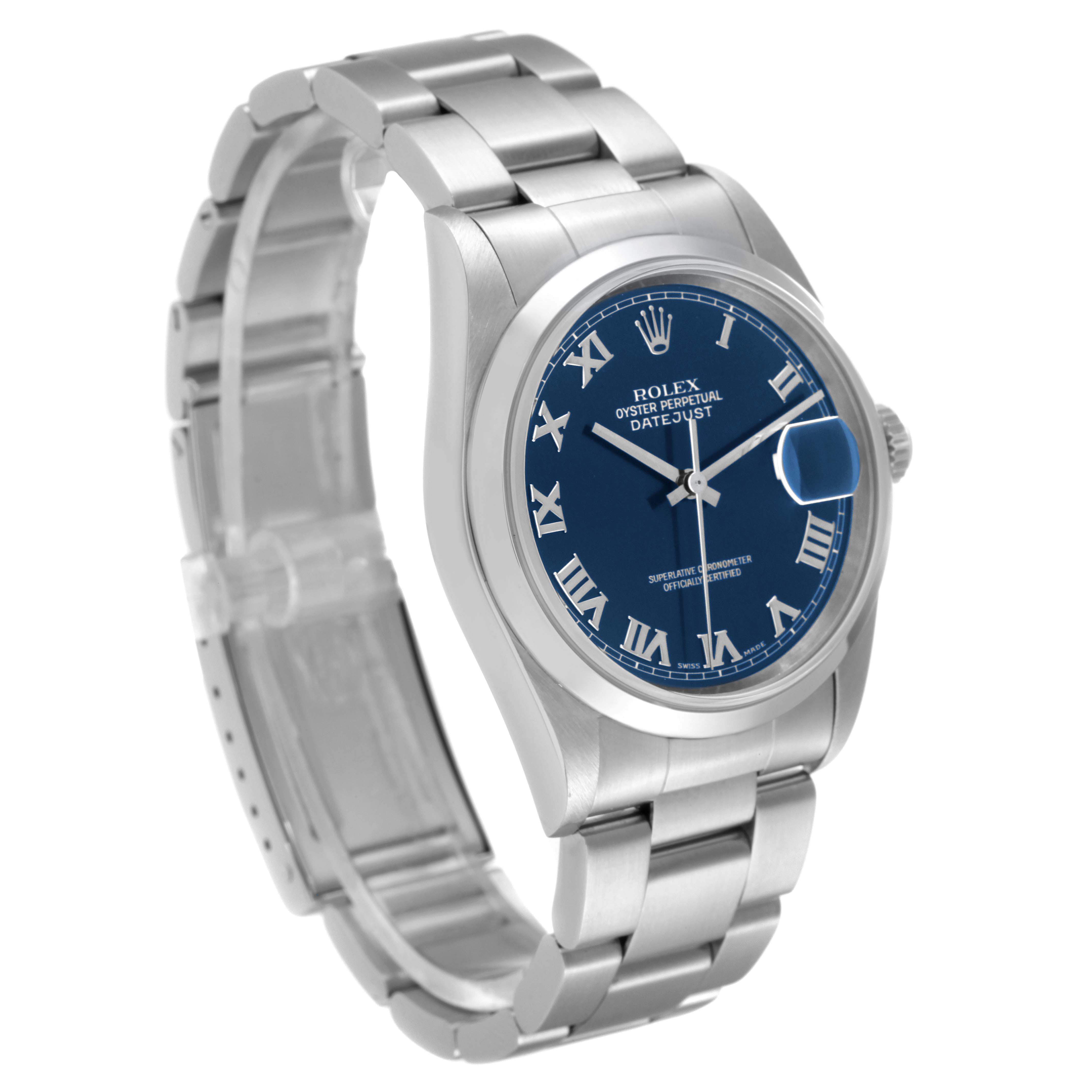 This image shows a Rolex Datejust 16200 Men's Stainless Steel Blue Dial 16200 Men's Stainless Steel Blue Dial watch, angled to display its blue dial, bracelet, and side profile.