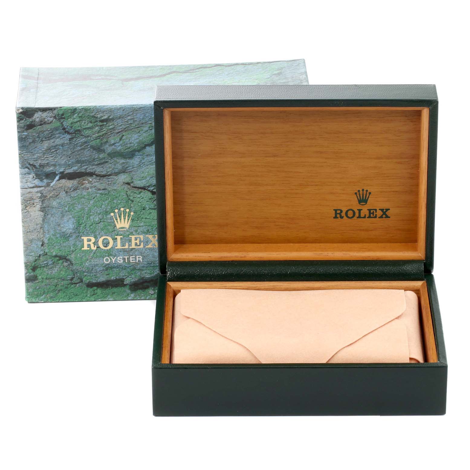 The image shows an open Rolex Datejust 16200 Men's Stainless Steel Silver Dial 16200 Men's Stainless Steel Silver Dial watch box with an outer box designed with a green stone pattern.