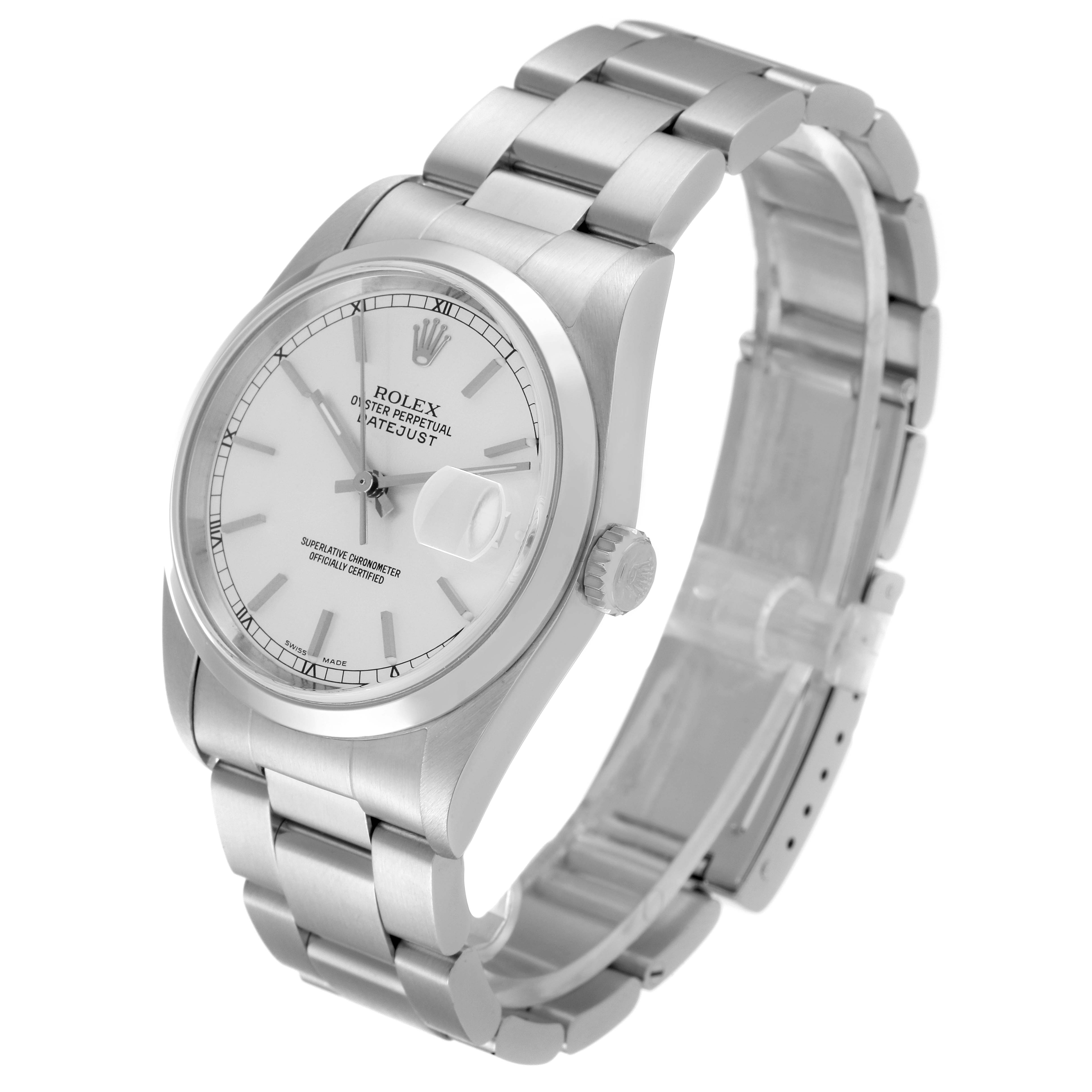 The image shows a Rolex Datejust 16200 Men's Stainless Steel Silver Dial 16200 Men's Stainless Steel Silver Dial watch from an angled view, highlighting the bracelet, bezel, dial, crown, and clasp.