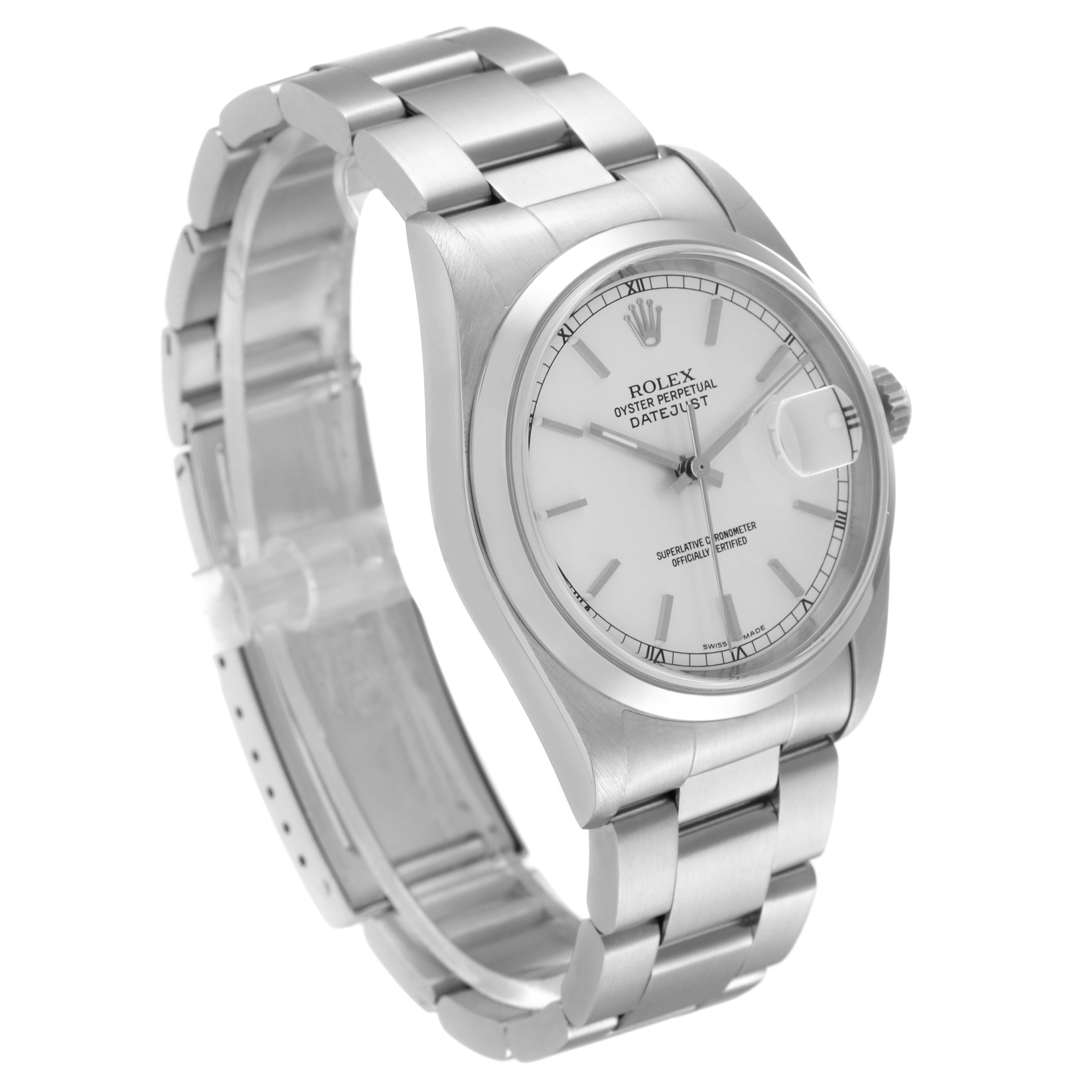 The image shows a side view of a Rolex Datejust 16200 Men's Stainless Steel Silver Dial 16200 Men's Stainless Steel Silver Dial watch, highlighting the bracelet, dial, and case.