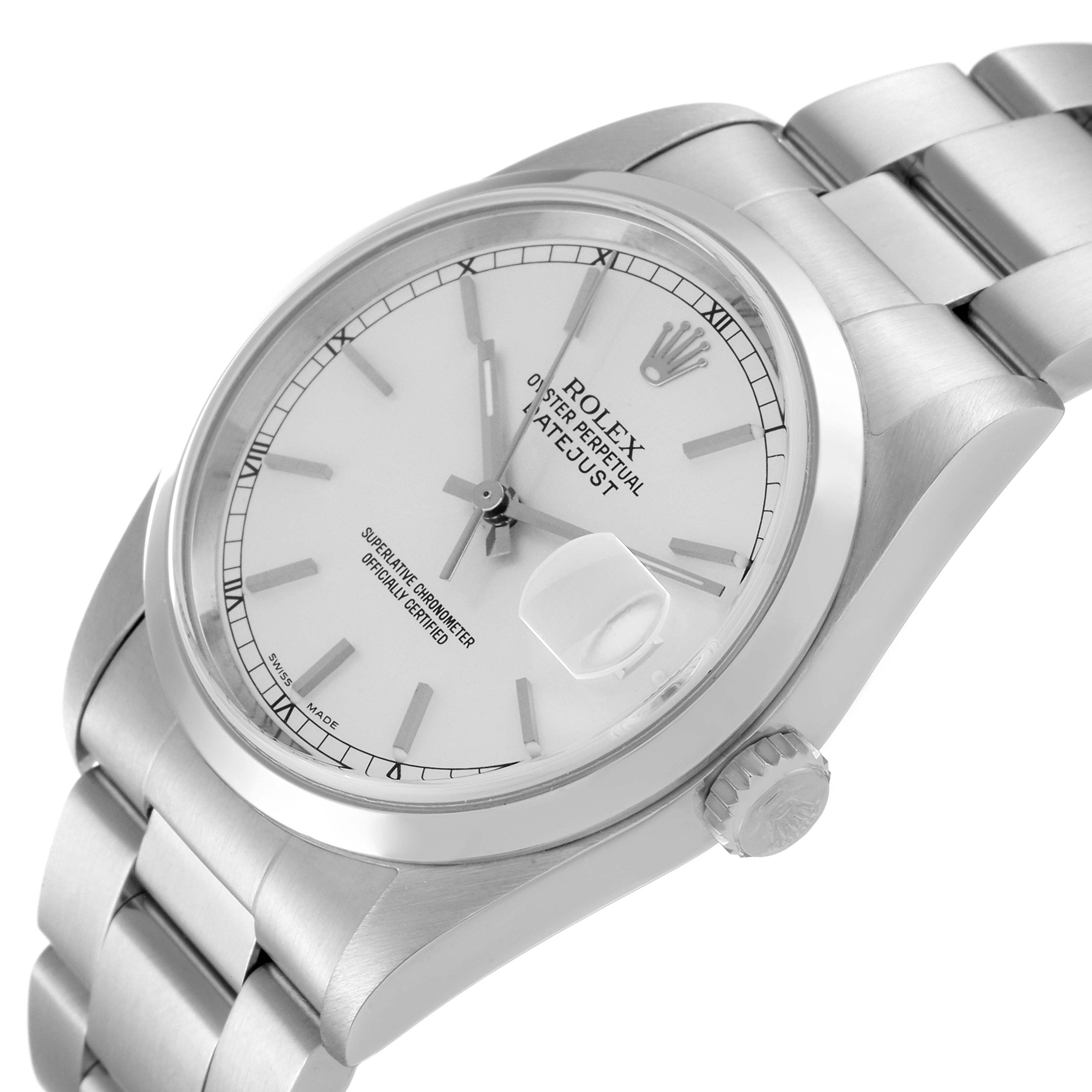 This is a close-up angled view of the Rolex Datejust 16200 Men's Stainless Steel Silver Dial 16200 Men's Stainless Steel Silver Dial showing the face, bezel, crown, and part of the bracelet.