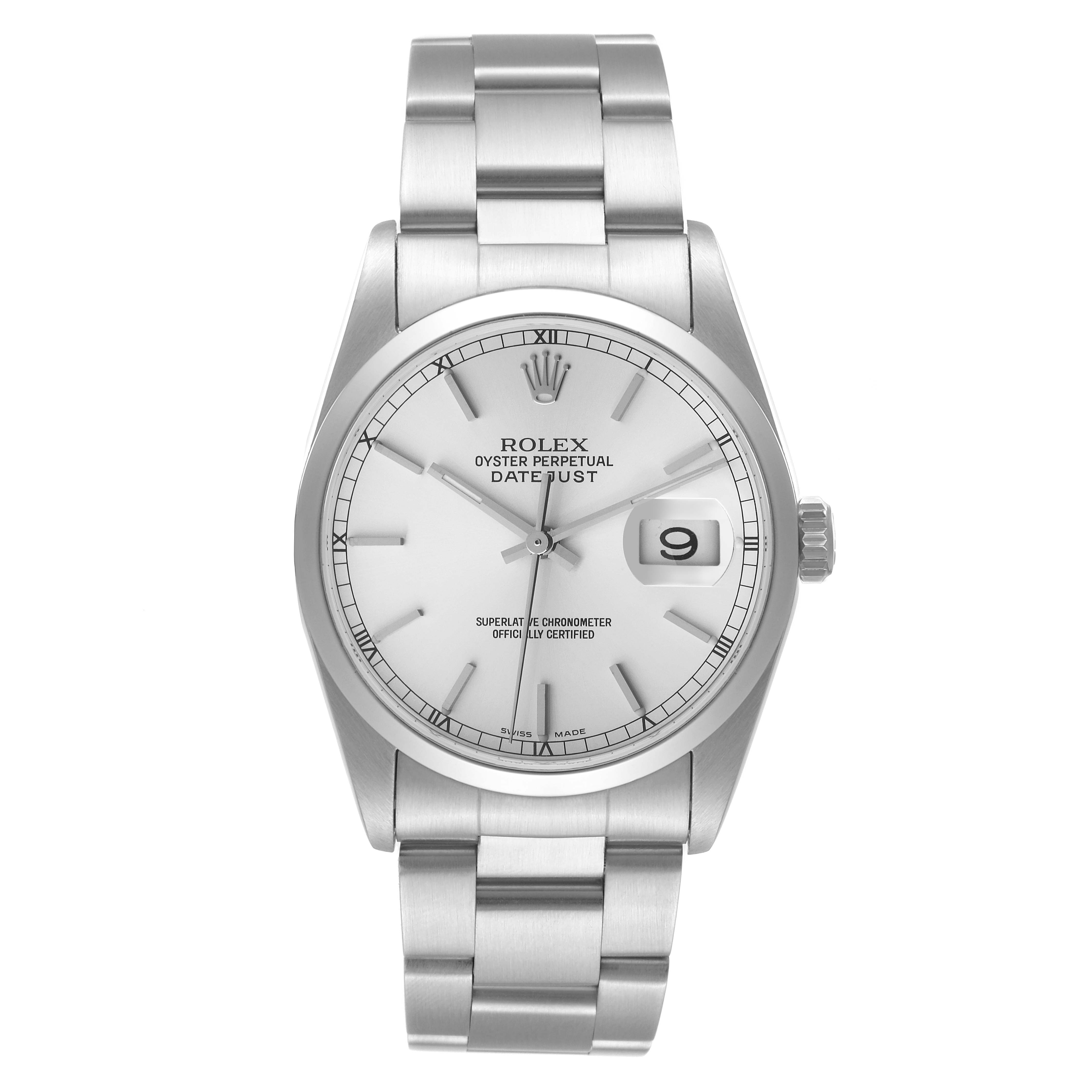 The Rolex Datejust 16200 Men's Stainless Steel Silver Dial 16200 Men's Stainless Steel Silver Dial watch is shown from the front, displaying the dial, bracelet, and the date window.