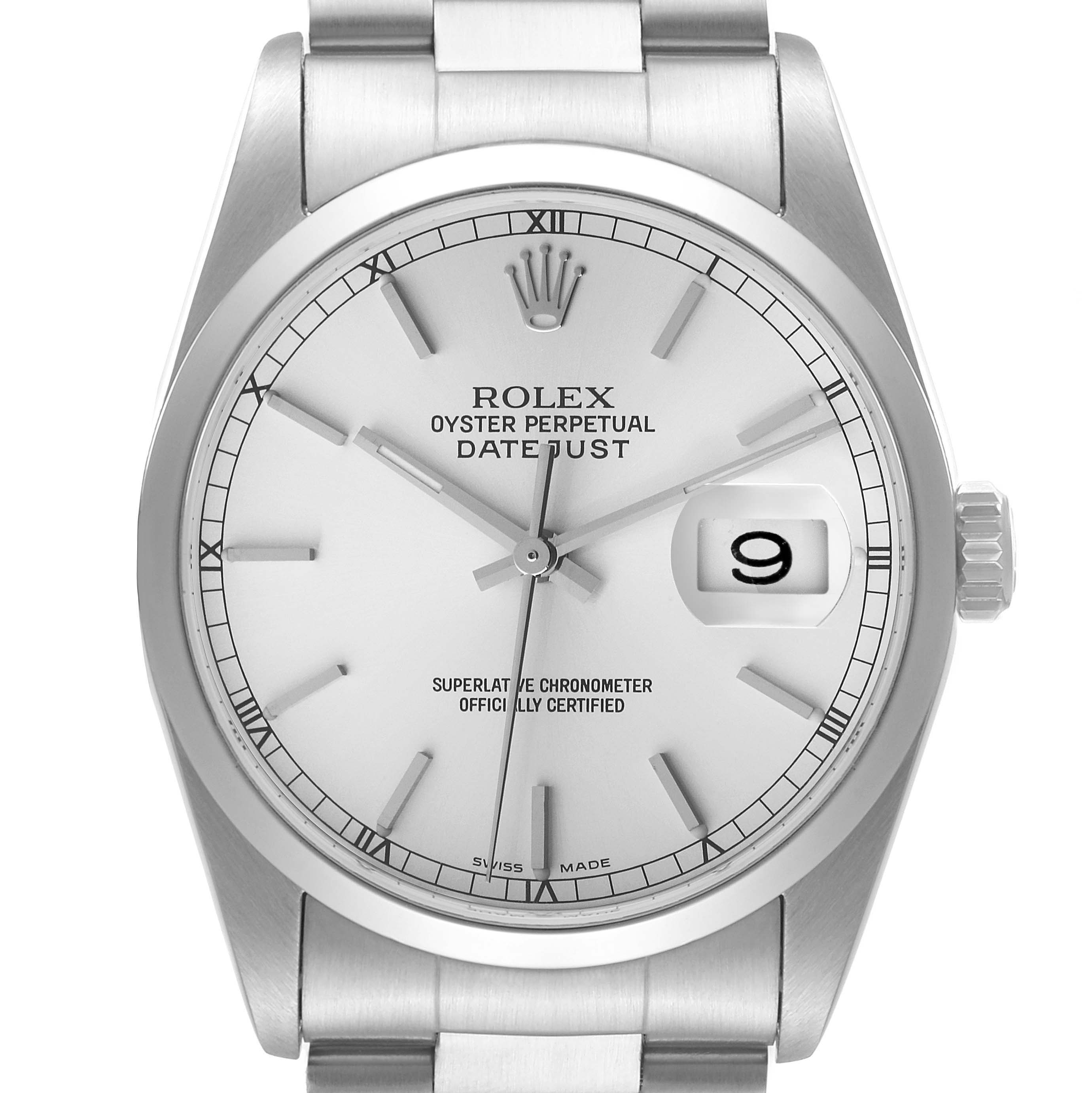 This image shows a frontal view of the Rolex Datejust 16200 Men's Stainless Steel Silver Dial 16200 Men's Stainless Steel Silver Dial watch, displaying the dial, hands, crown, and bracelet.