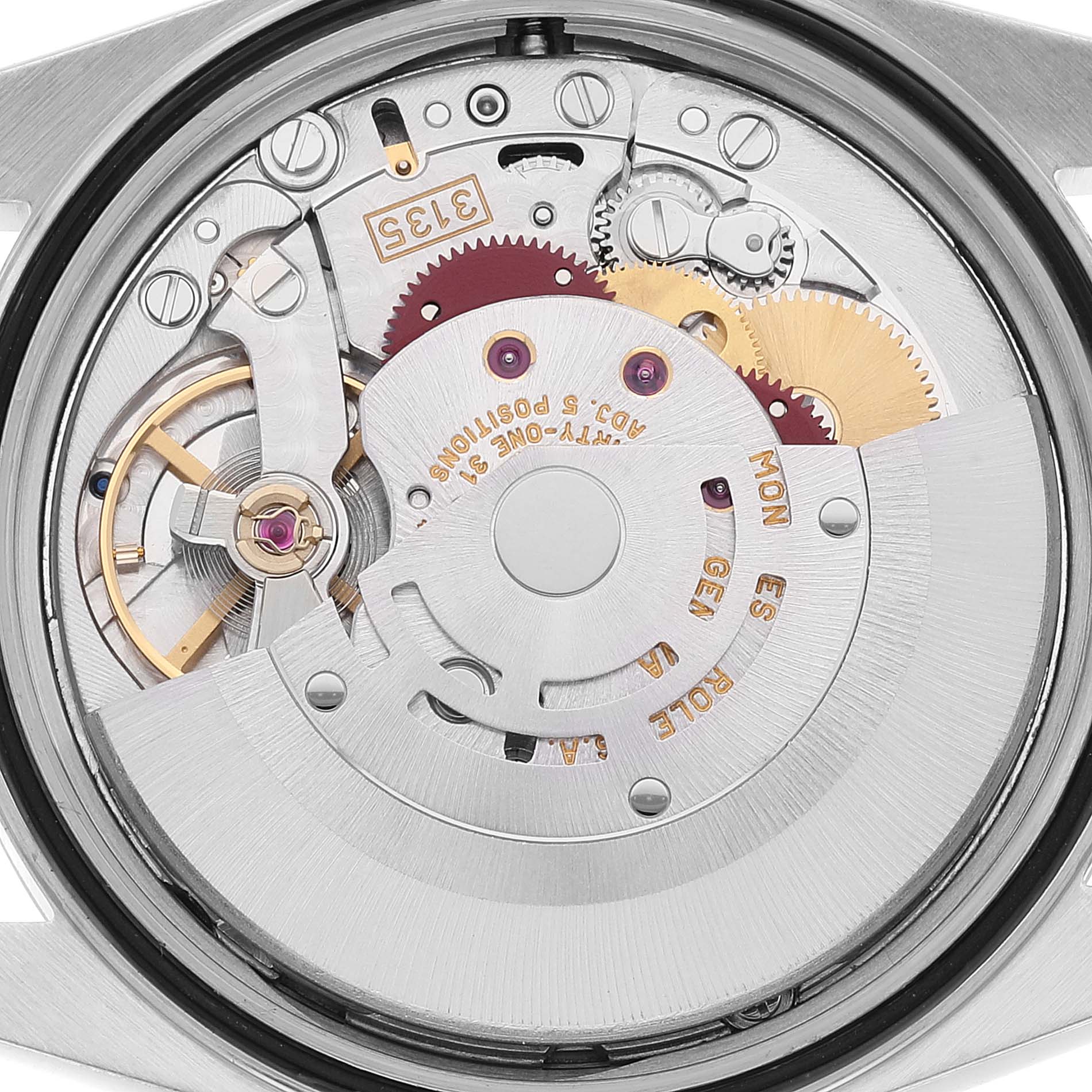 The image shows the movement mechanism of a Rolex Datejust 16200 Men's Stainless Steel Silver Dial 16200 Men's Stainless Steel Silver Dial watch from a straight-on, rear view.