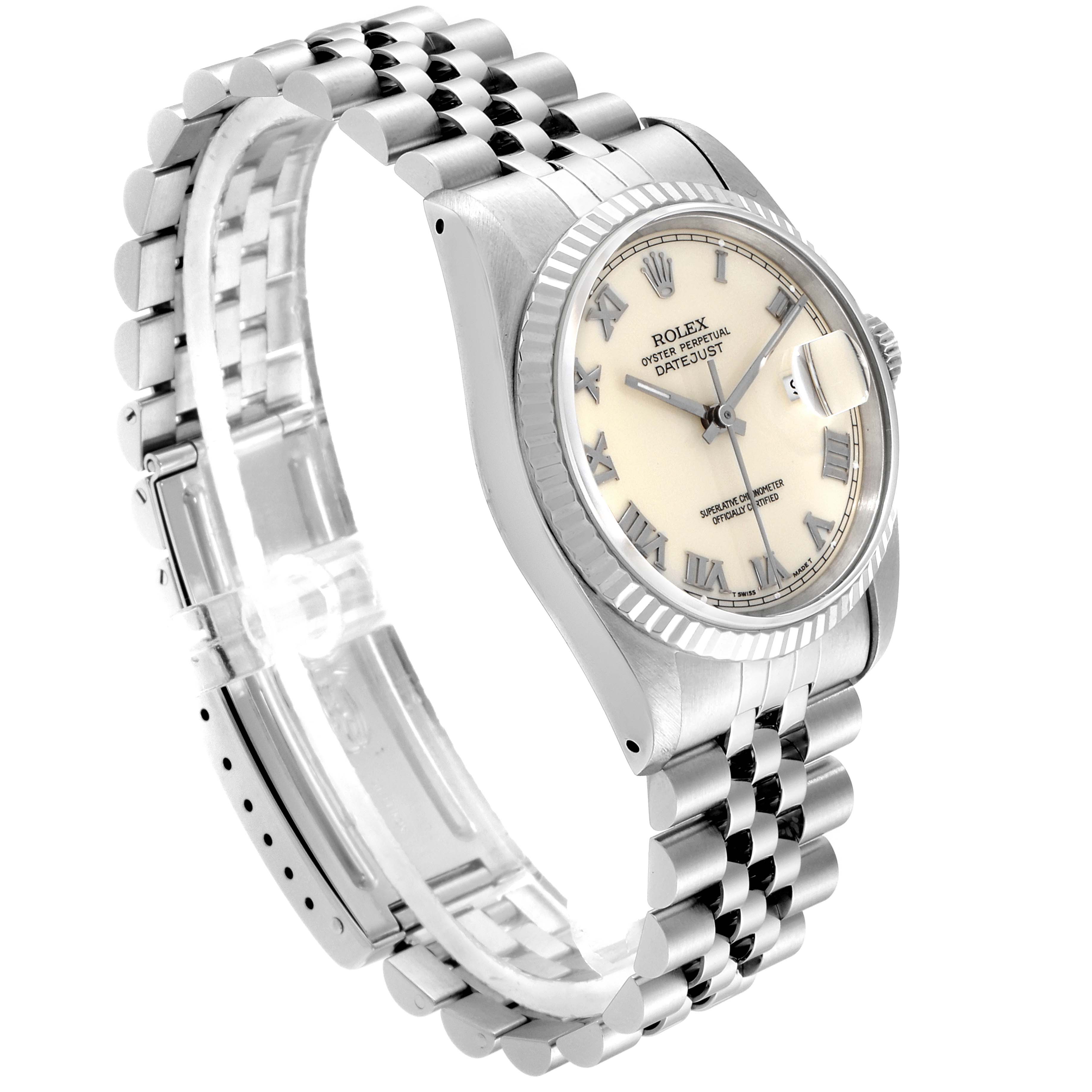 The image shows a Rolex Datejust 16234 Men's Stainless Steel Beige Dial 16234 Men's Stainless Steel Beige Dial watch, featuring its face, bezel, crown, bracelet, and clasp from an angled side view.