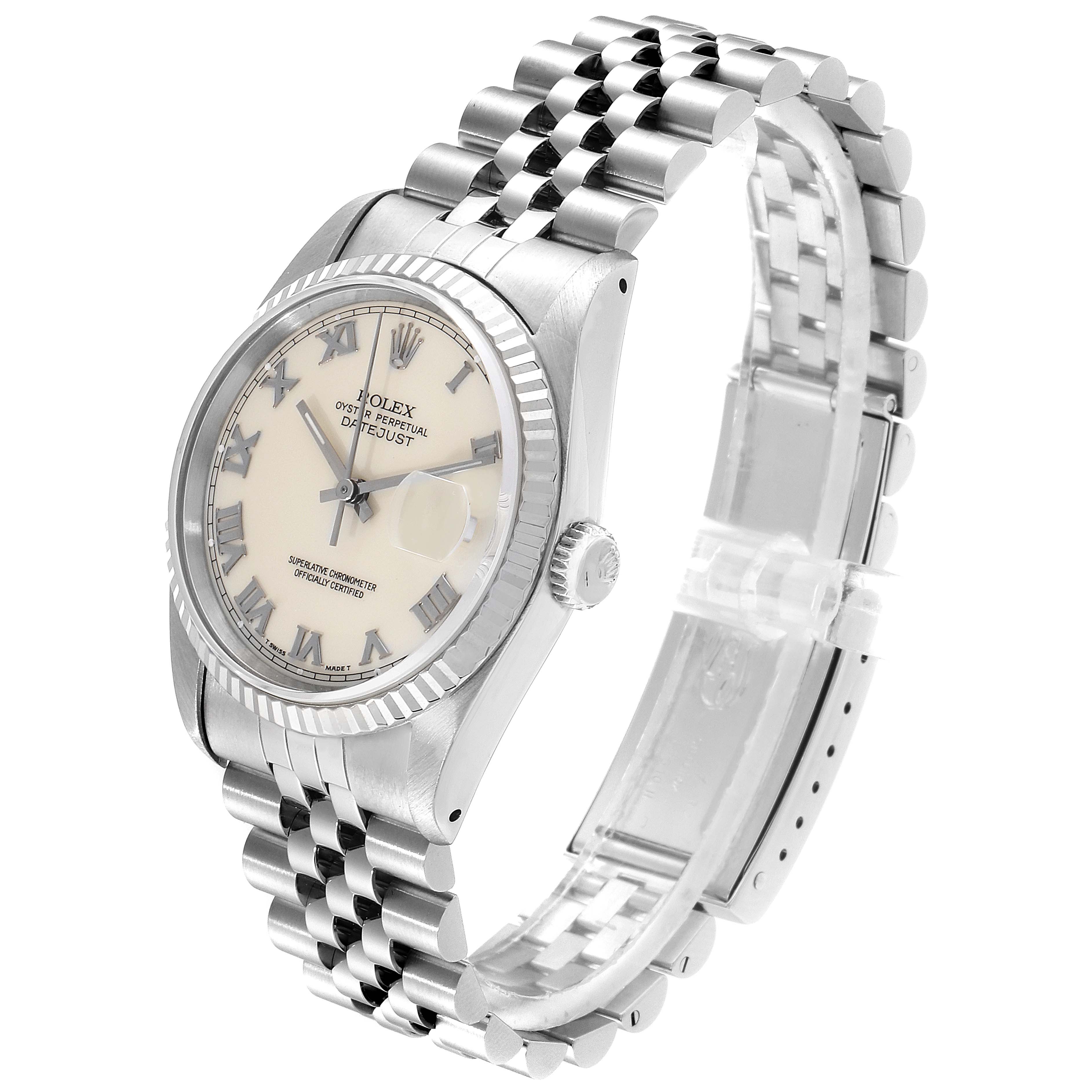Side angle showing the face, bezel, crown, and jubilee bracelet of a Rolex Datejust 16234 Men's Stainless Steel Beige Dial 16234 Men's Stainless Steel Beige Dial watch.