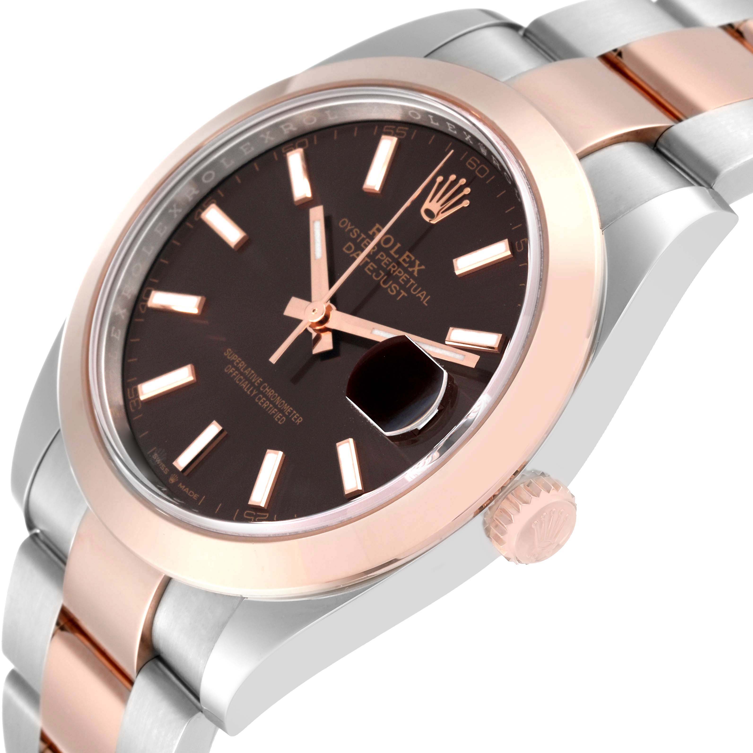 This image displays a Rolex Datejust 41 126301 Men's Steel and Gold (two tone) Brown Dial 126301 Men's Steel and Gold (two tone) Brown Dial watch at an angled side view, showing the dial, case, bezel, bracelet, and crown.
