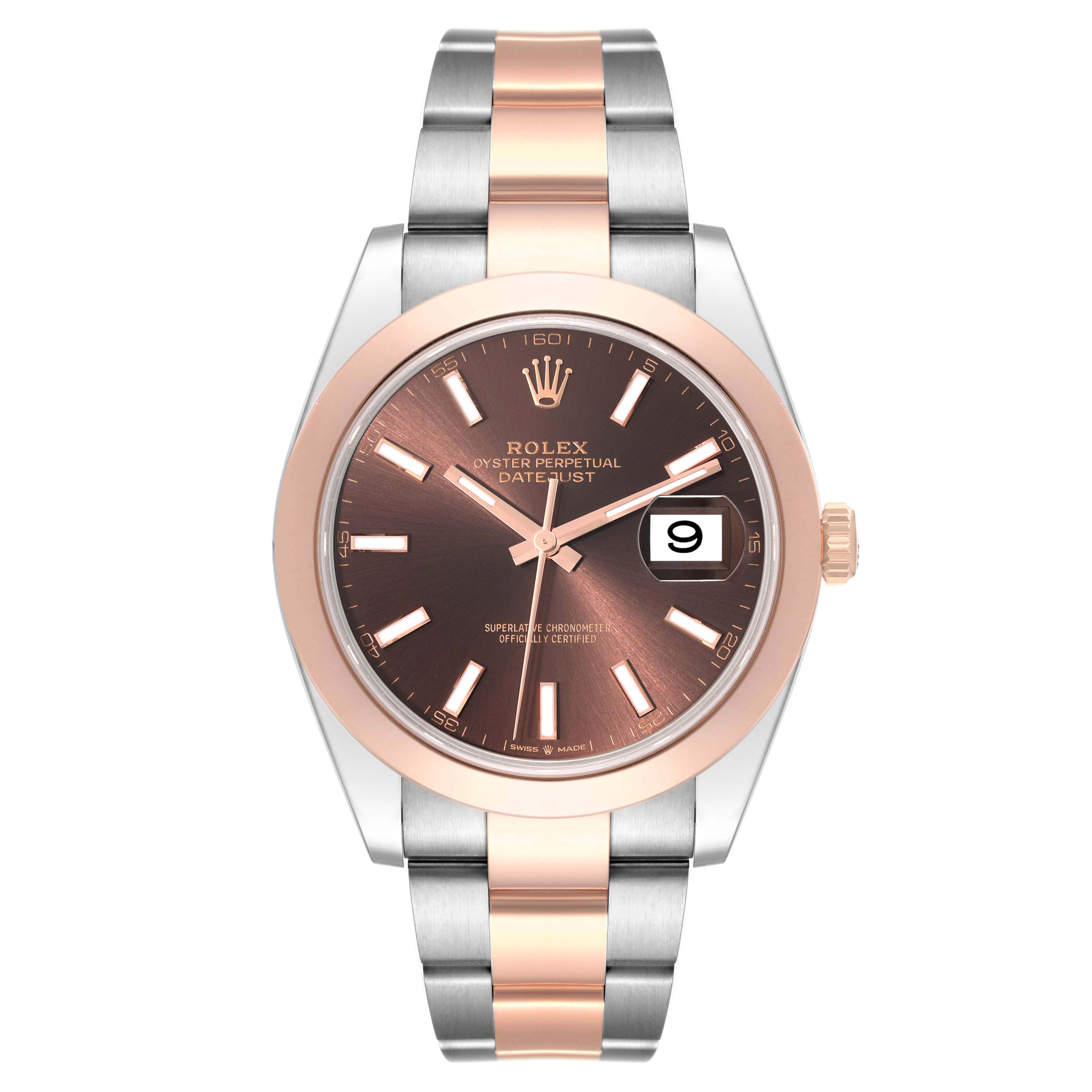 The image shows a frontal view of the Rolex Datejust 41 126301 Men's Steel and Gold (two tone) Brown Dial 126301 Men's Steel and Gold (two tone) Brown Dial watch, featuring a two-tone bracelet and a brown dial.