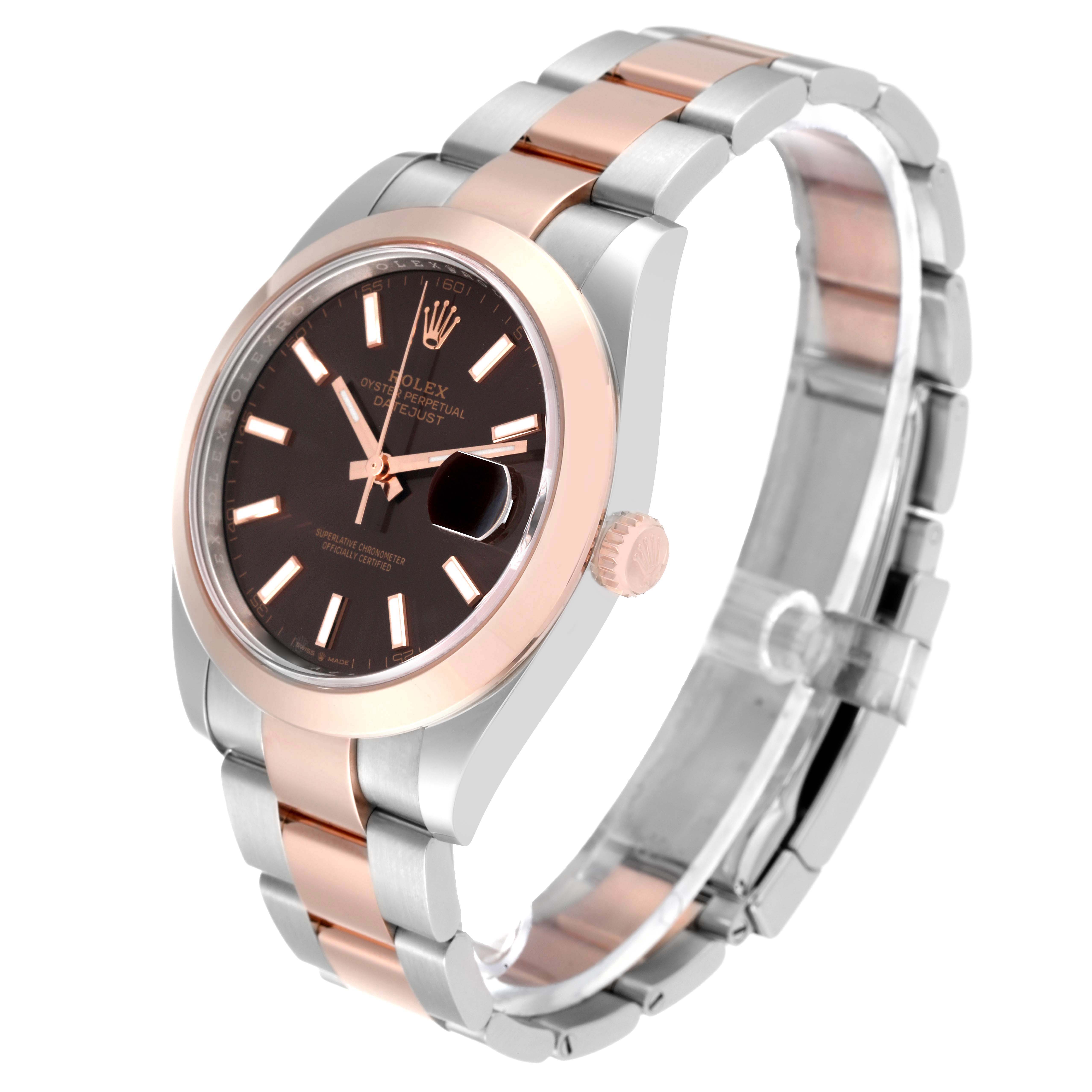 The image shows the Rolex Datejust 41 126301 Men's Steel and Gold (two tone) Brown Dial 126301 Men's Steel and Gold (two tone) Brown Dial watch at an oblique angle, highlighting the face, bezel, and bracelet.