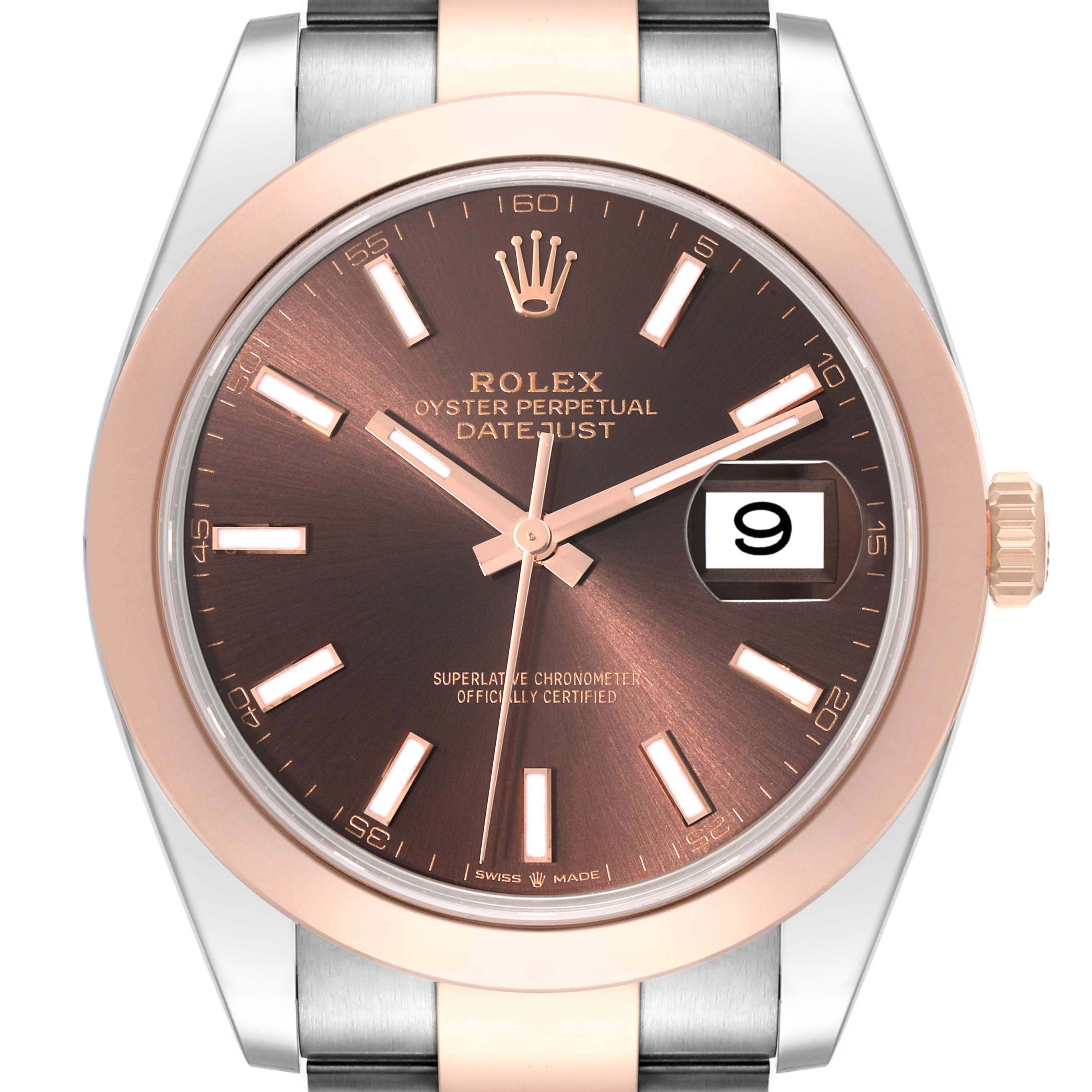 This image shows a close-up frontal view of the Rolex Datejust 41 126301 Men's Steel and Gold (two tone) Brown Dial 126301 Men's Steel and Gold (two tone) Brown Dial, highlighting the dial, bezel, and crown.