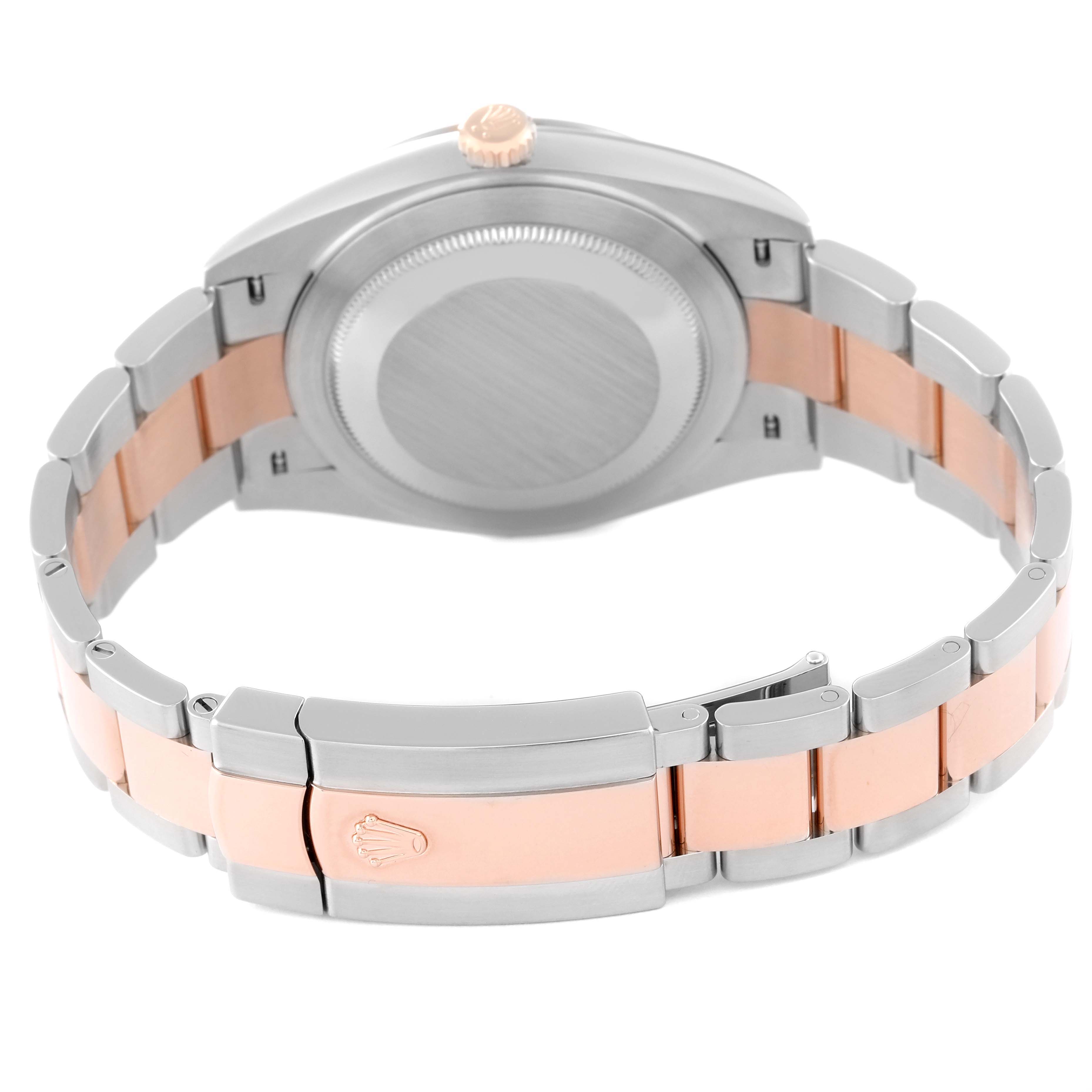 The image shows the back view of the Rolex Datejust 41 126301 Men's Steel and Gold (two tone) Brown Dial 126301 Men's Steel and Gold (two tone) Brown Dial watch, including the bracelet, clasp, and caseback.