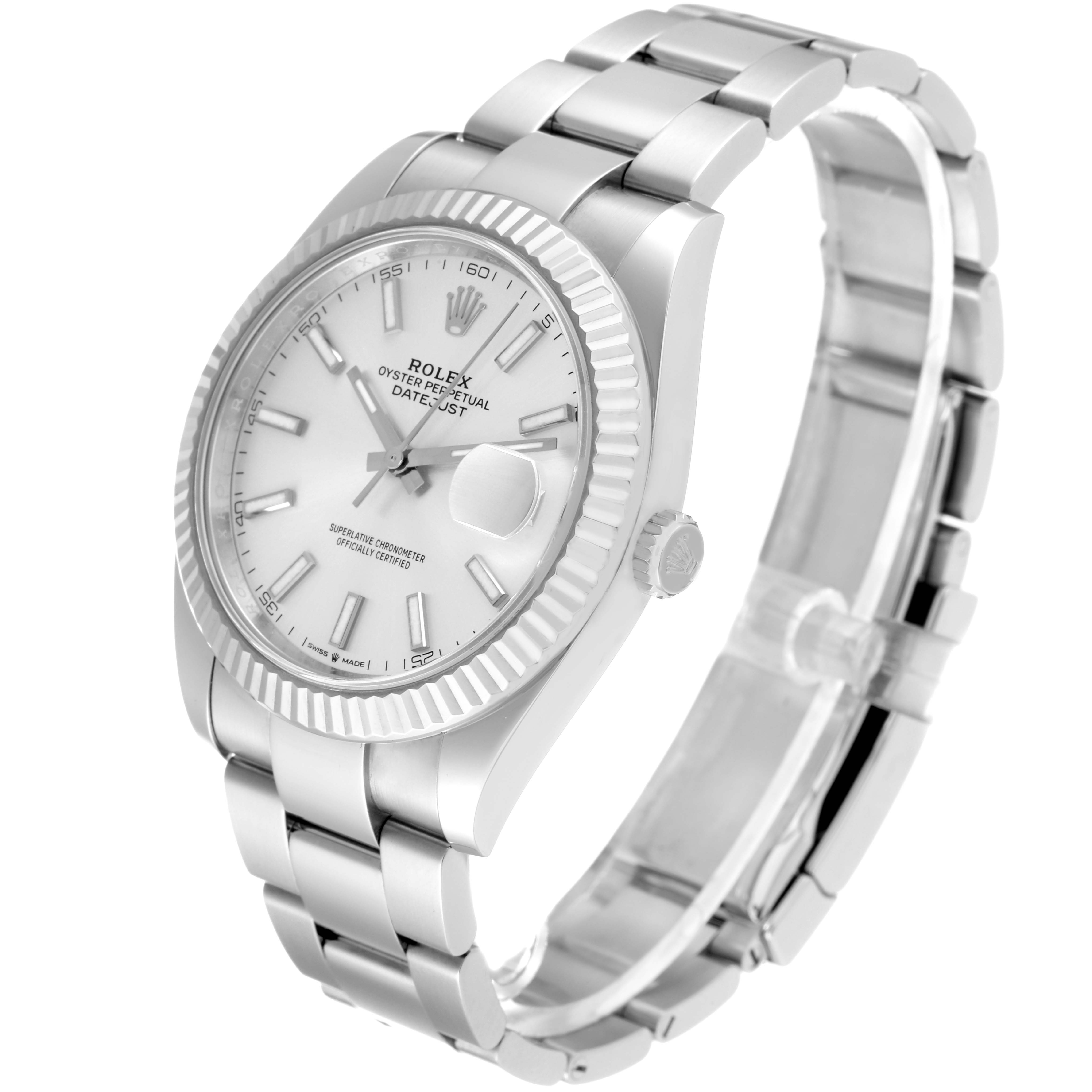 The Rolex Datejust 41 126334 Men's Stainless Steel Silver Dial 126334 Men's Stainless Steel Silver Dial watch is shown from an angled view, highlighting the dial, bezel, crown, and bracelet.