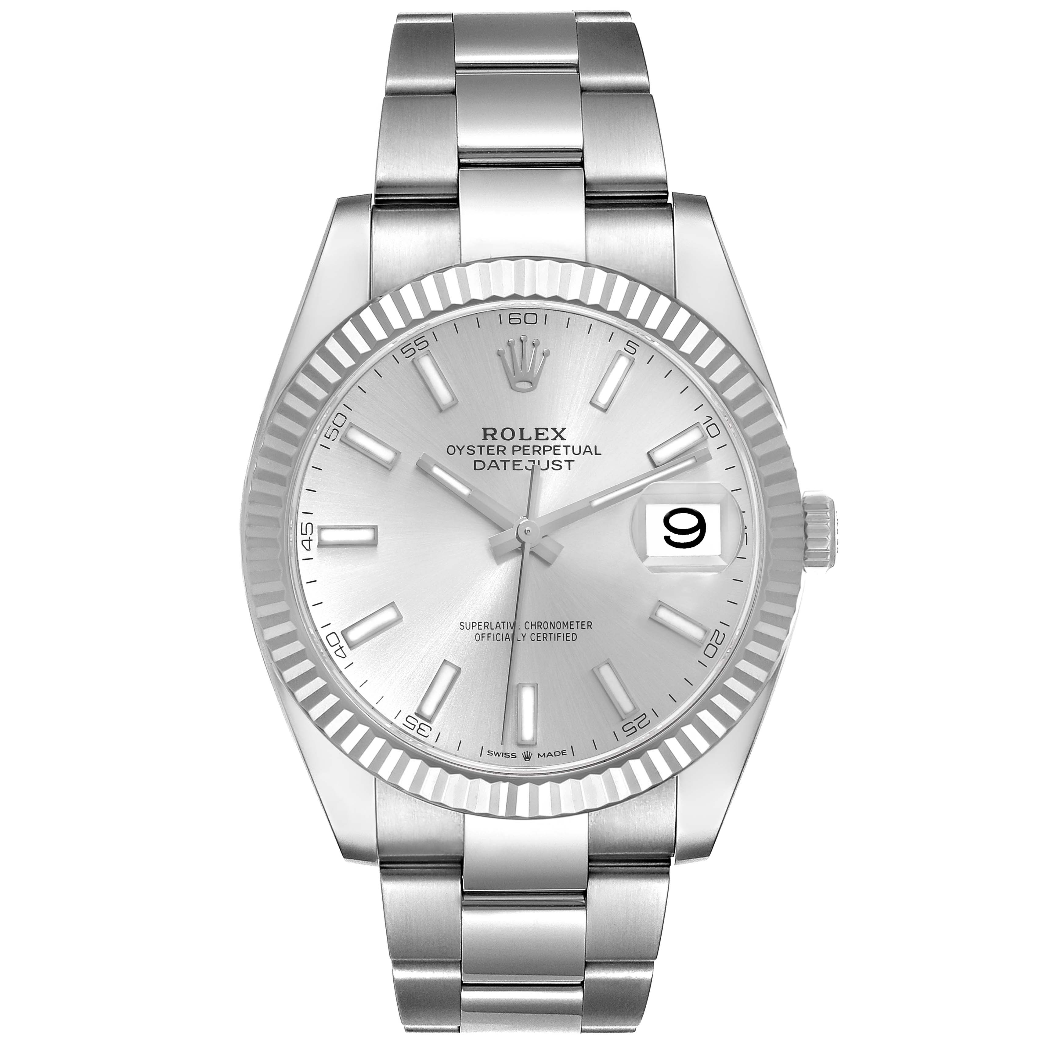 The image shows a Rolex Datejust 41 126334 Men's Stainless Steel Silver Dial 126334 Men's Stainless Steel Silver Dial watch from a front-facing angle, highlighting its dial, bracelet, fluted bezel, and crown.