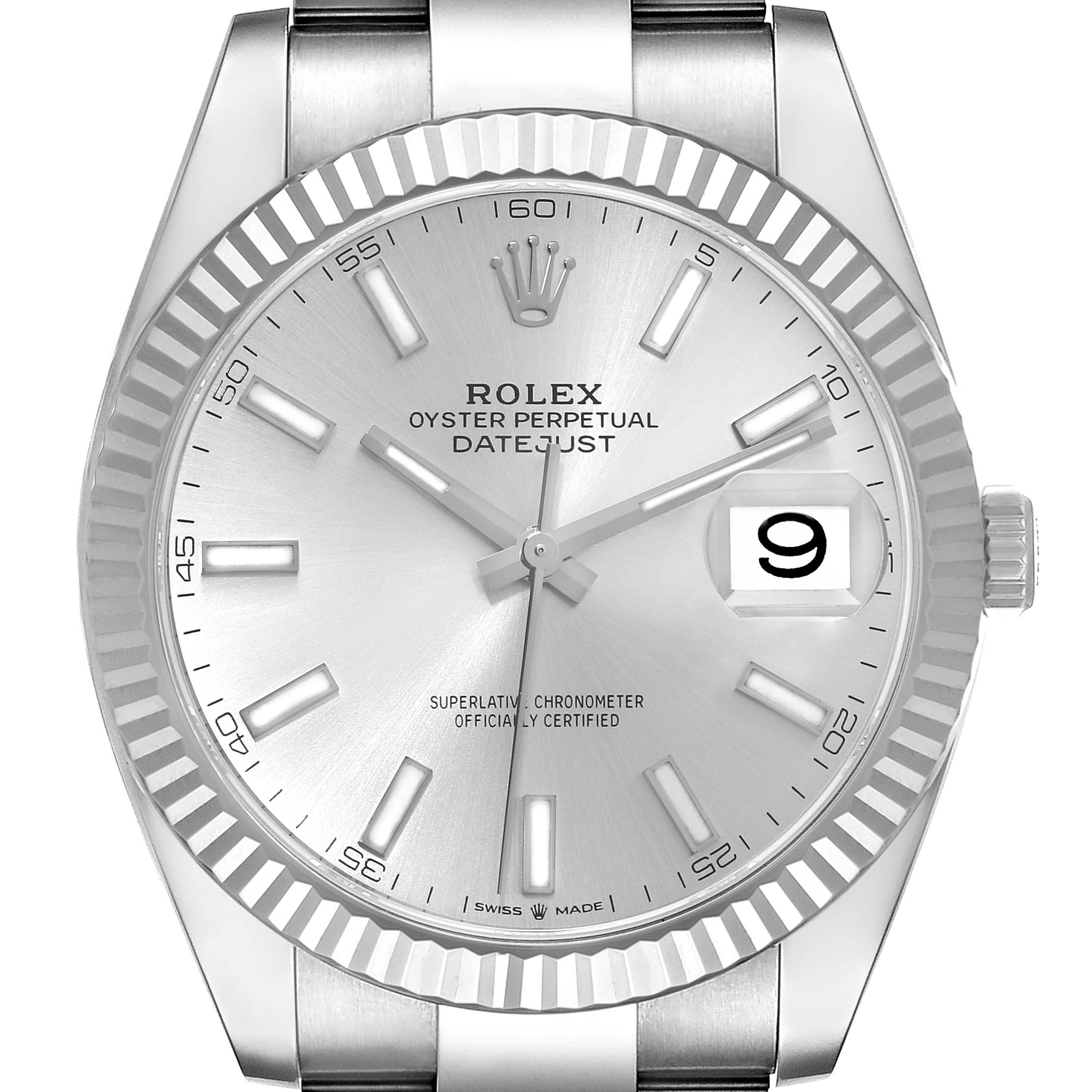 This image shows a front view of the Rolex Datejust 41 126334 Men's Stainless Steel Silver Dial 126334 Men's Stainless Steel Silver Dial watch, highlighting the dial, hands, bezel, and cyclops date window.