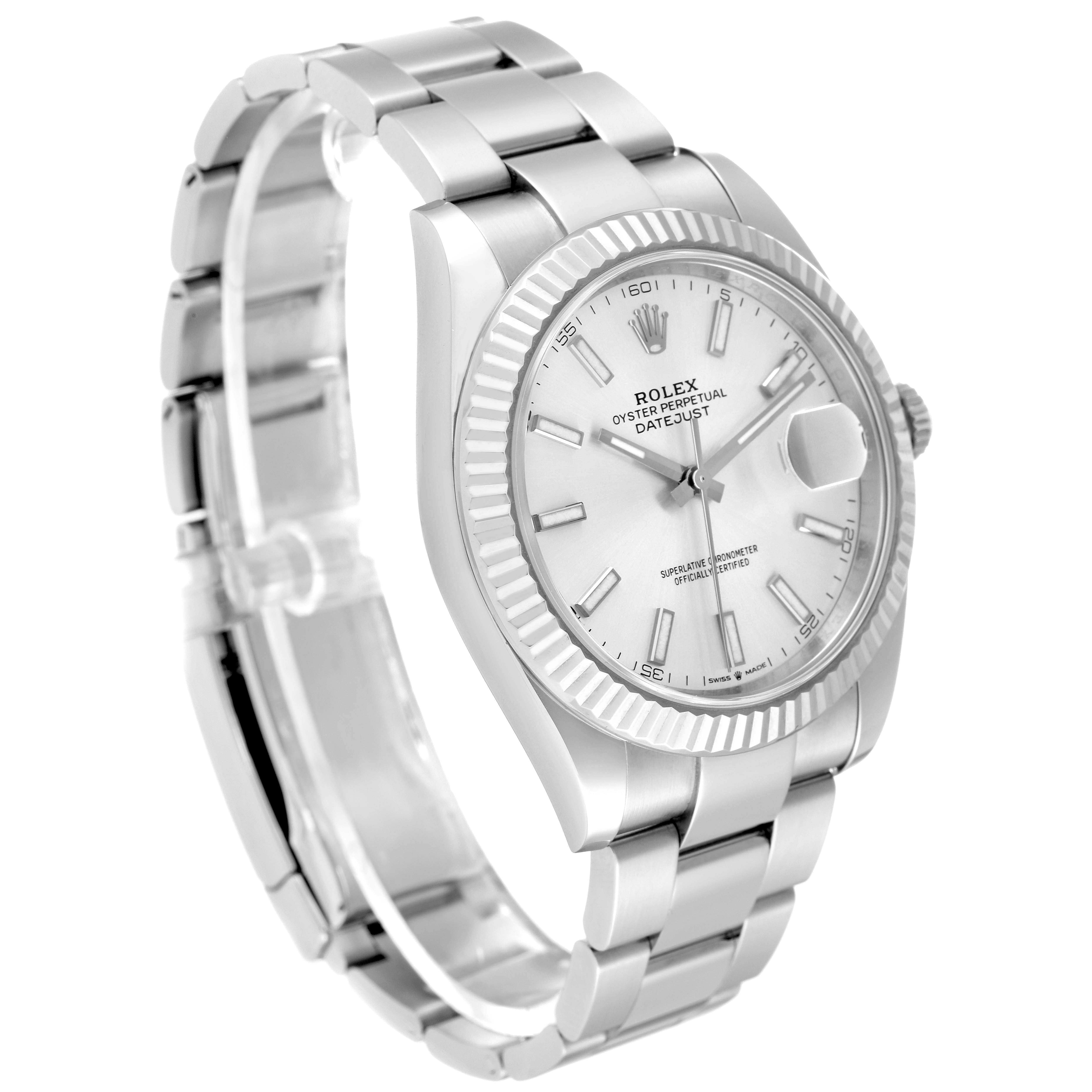 The Rolex Datejust 41 126334 Men's Stainless Steel Silver Dial 126334 Men's Stainless Steel Silver Dial is shown at an angle highlighting the dial, bezel, and bracelet.