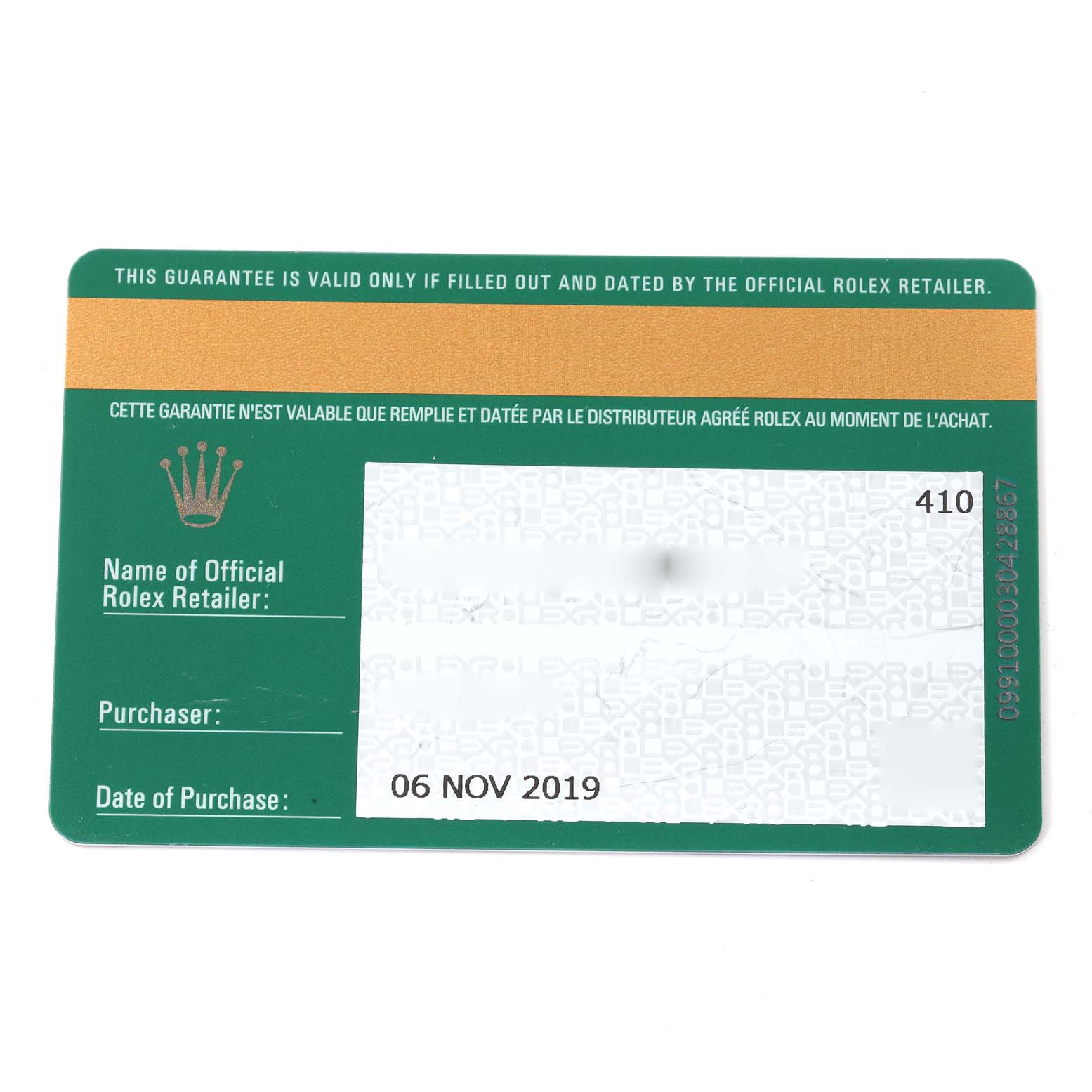 This image shows a warranty card for a Rolex Datejust 41 126334 Men's Stainless Steel Silver Dial 126334 Men's Stainless Steel Silver Dial model, including details such as the purchase date and retailer's information.