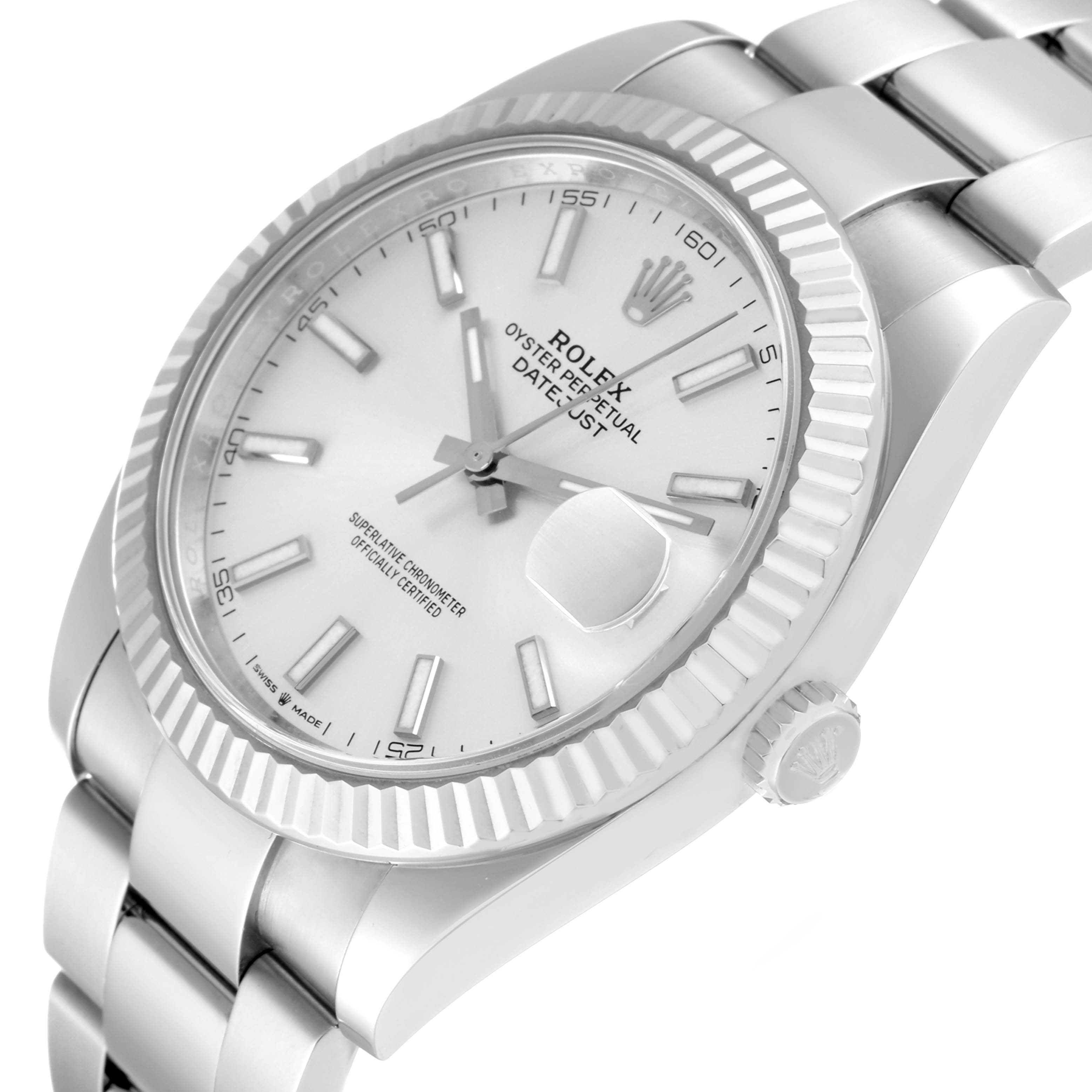 This image shows a close-up angle of the Rolex Datejust 41 126334 Men's Stainless Steel Silver Dial 126334 Men's Stainless Steel Silver Dial model, featuring the dial, bezel, and bracelet.