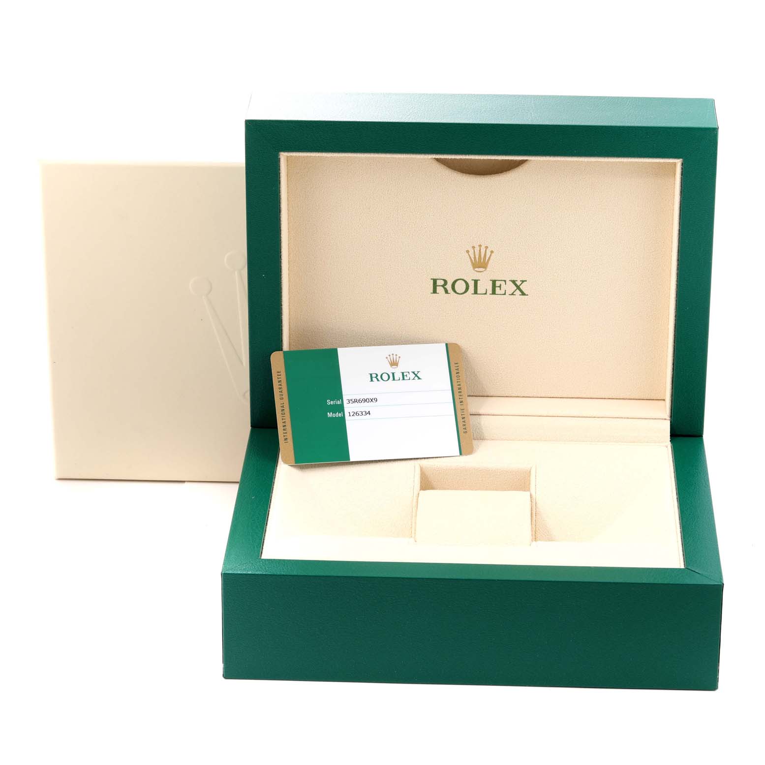 The image shows the open box and warranty card of a Rolex Datejust 41 126334 Men's Stainless Steel Silver Dial 126334 Men's Stainless Steel Silver Dial watch, with "Rolex" branding visible.