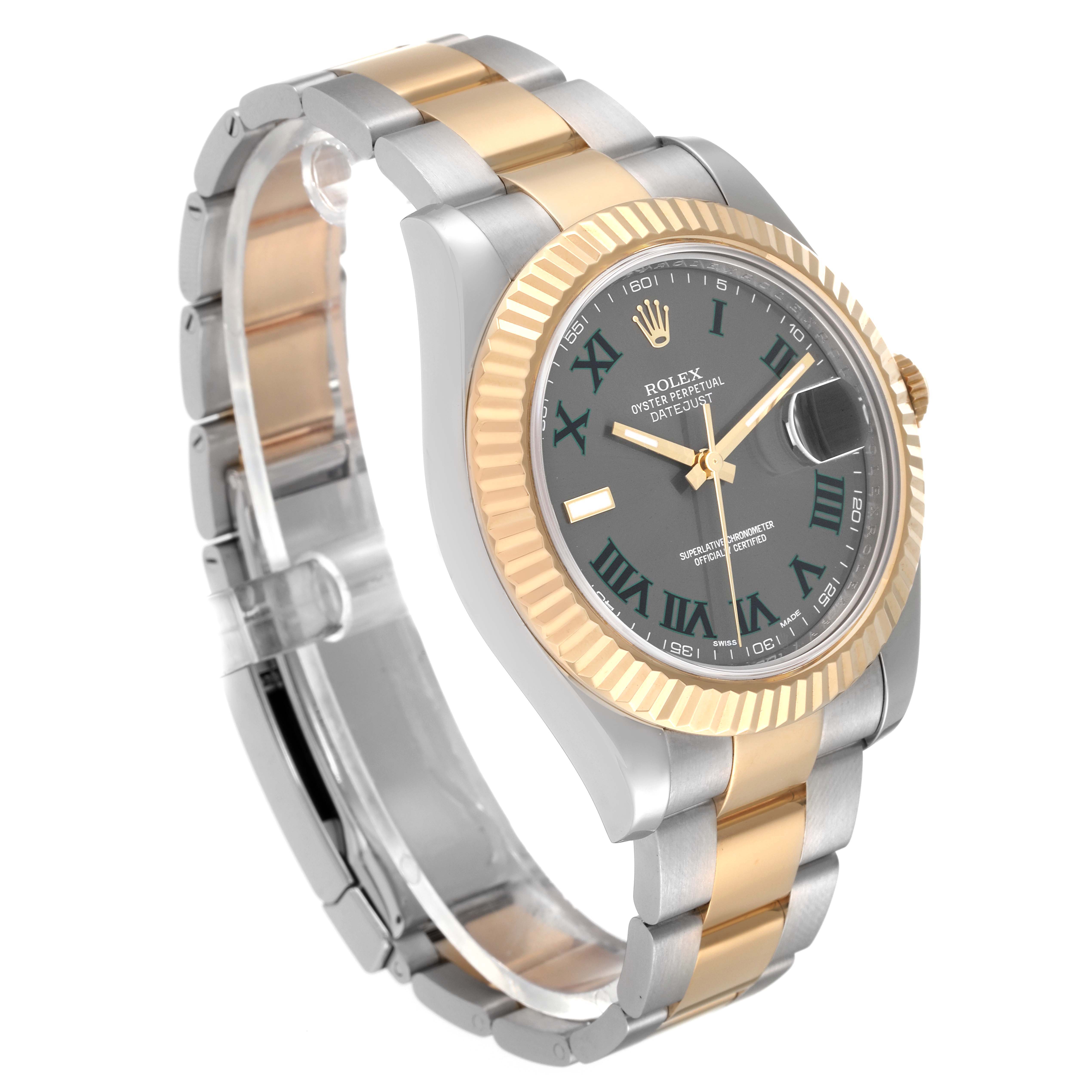 This image shows a Rolex Datejust 41 116333 Men's Steel and Gold (two tone) Grey Dial 116333 Men's Steel and Gold (two tone) Grey Dial watch at a three-quarter angle, highlighting its two-tone bracelet and black dial with Roman numerals.