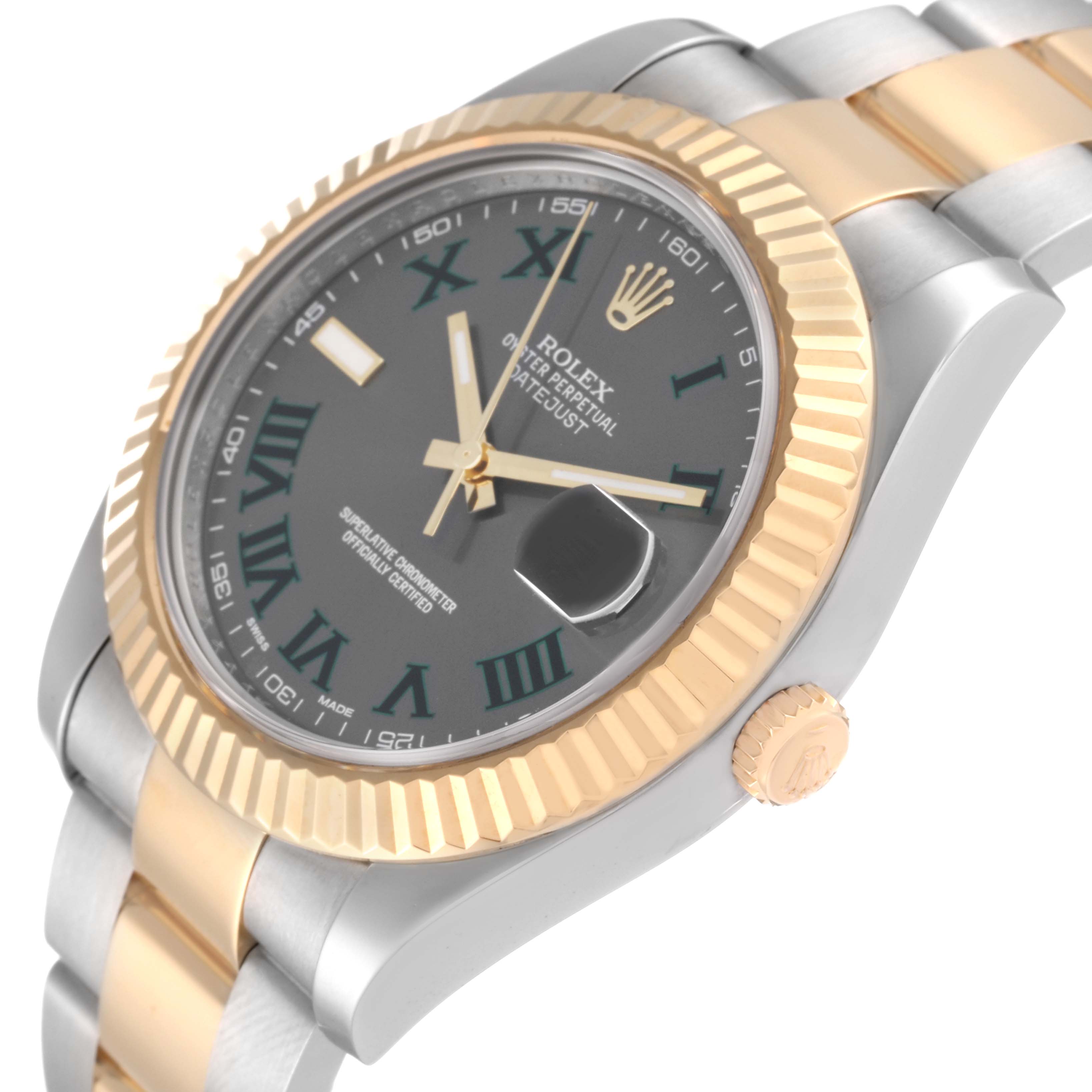 This image shows a close-up angled view of the Rolex Datejust 41 116333 Men's Steel and Gold (two tone) Grey Dial 116333 Men's Steel and Gold (two tone) Grey Dial, highlighting its bezel, dial, crown, and part of the bracelet.