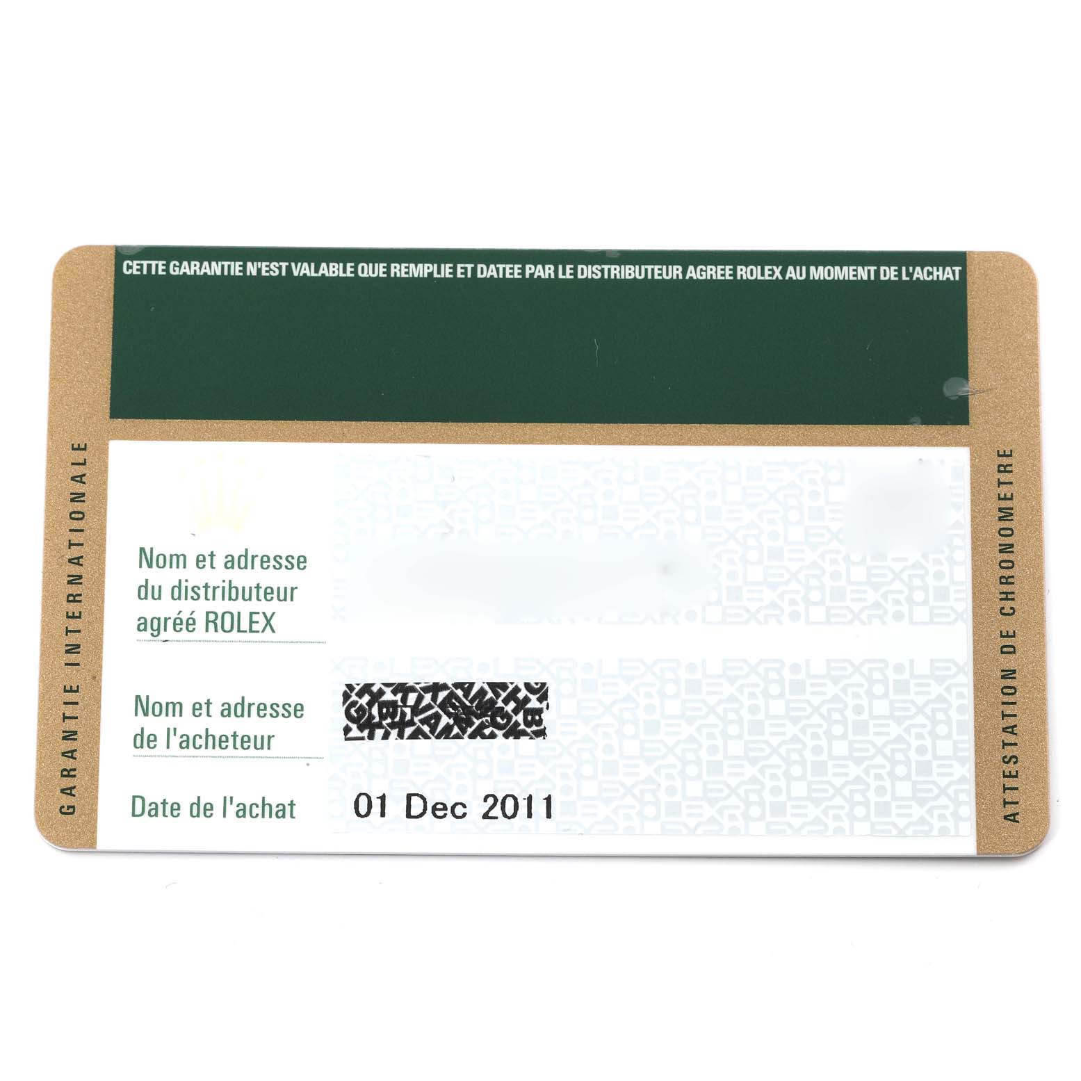 The image shows the front of the international guarantee card for a Rolex Datejust 41 116333 Men's Steel and Gold (two tone) Grey Dial 116333 Men's Steel and Gold (two tone) Grey Dial model.