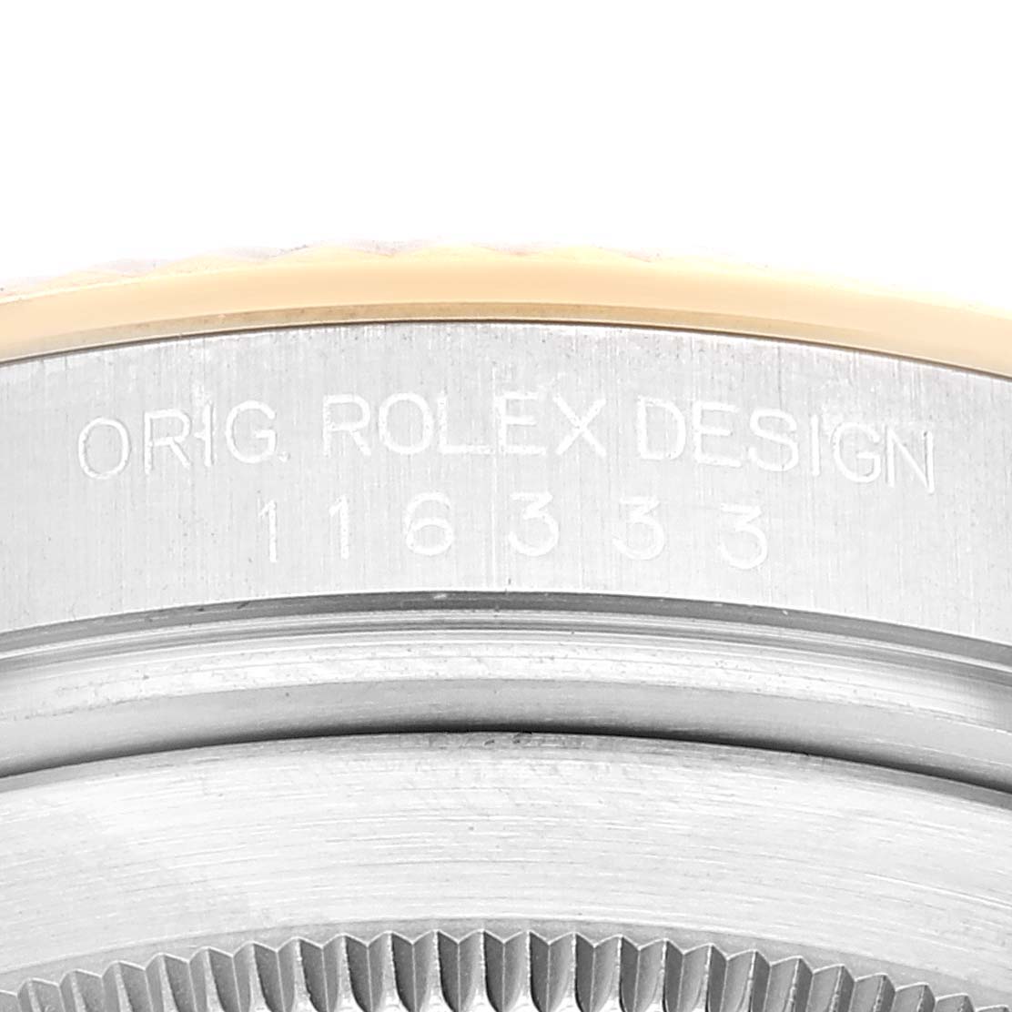 This image shows a close-up of the bezel and engraved design number of the Rolex Datejust 41 116333 Men's Steel and Gold (two tone) Grey Dial 116333 Men's Steel and Gold (two tone) Grey Dial model.