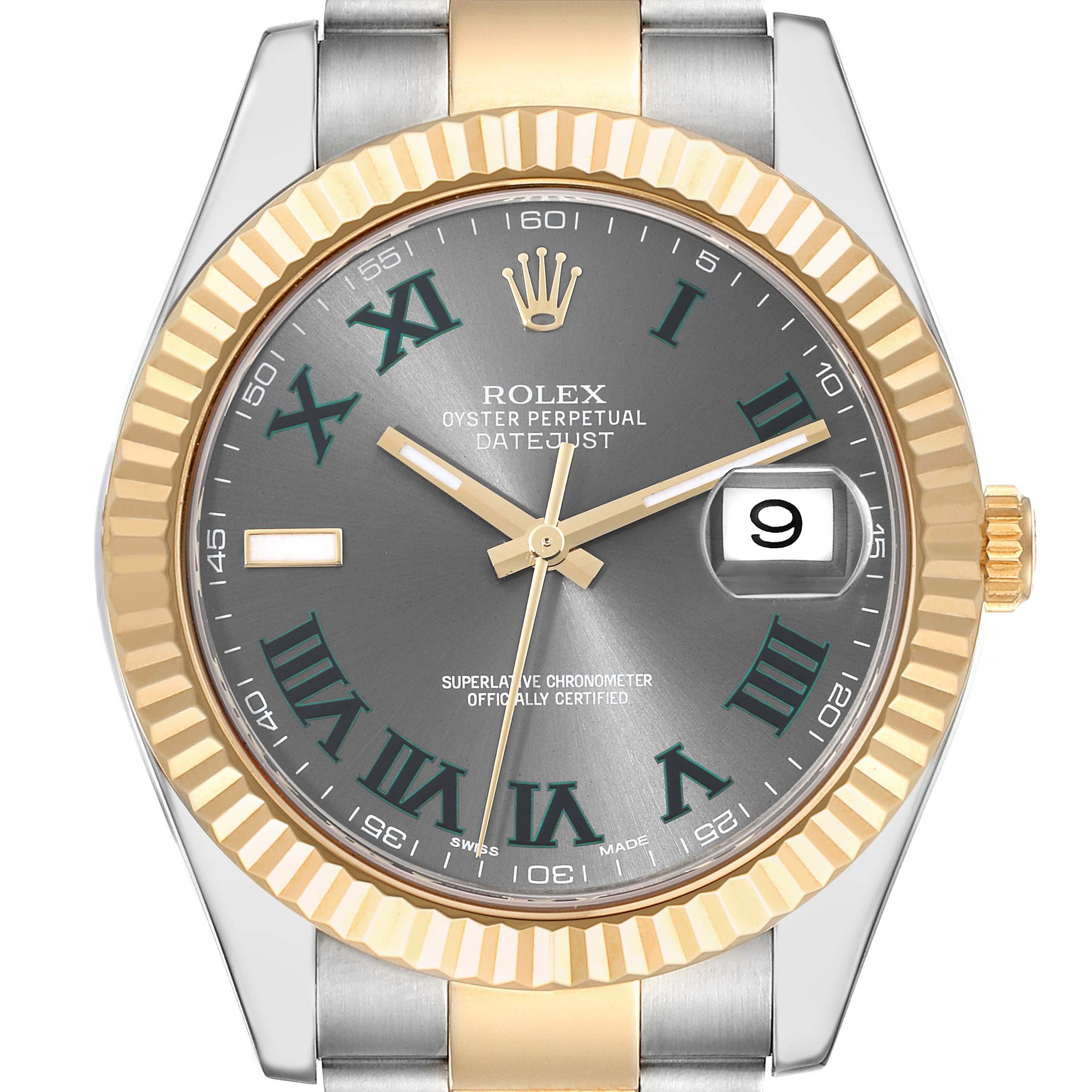 This image shows a front view of a Rolex Datejust 41 116333 Men's Steel and Gold (two tone) Grey Dial 116333 Men's Steel and Gold (two tone) Grey Dial watch, highlighting the dial, fluted bezel, and cyclops date window.