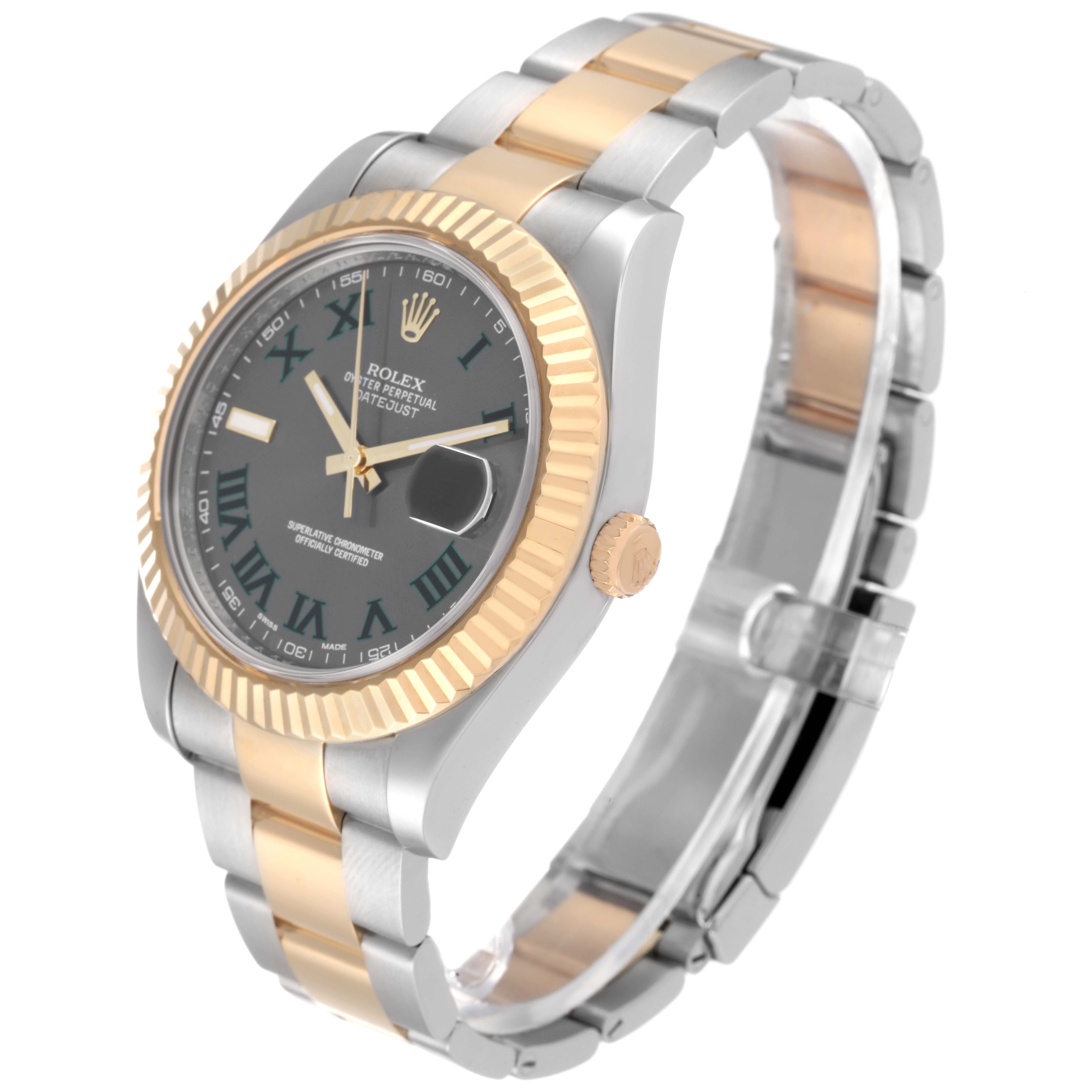 The image shows a Rolex Datejust 41 116333 Men's Steel and Gold (two tone) Grey Dial 116333 Men's Steel and Gold (two tone) Grey Dial watch at an angled view, highlighting its gold and silver bracelet, black Roman numeral dial, and fluted bezel.