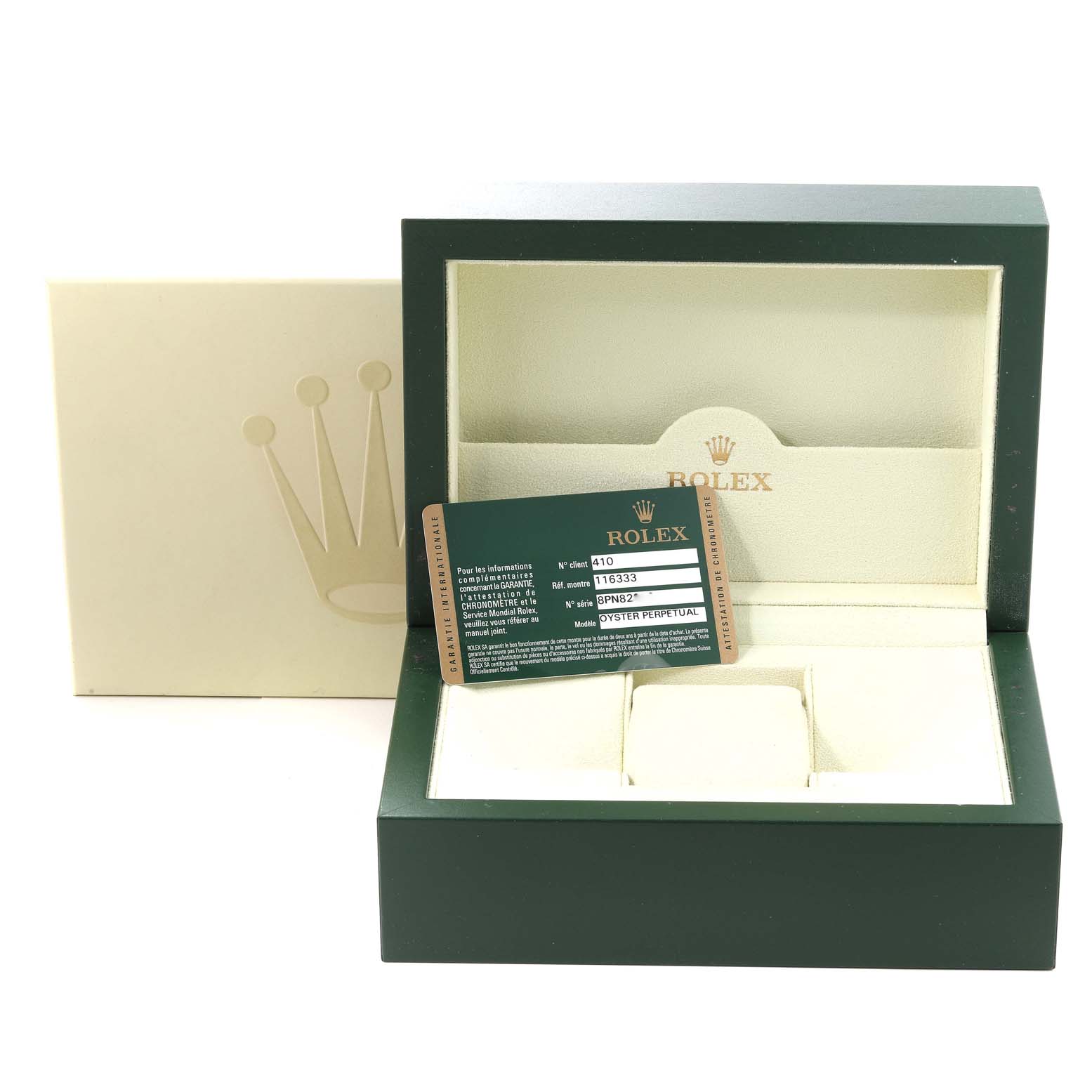The image shows the open box and warranty card for the Rolex Datejust 41 116333 Men's Steel and Gold (two tone) Grey Dial 116333 Men's Steel and Gold (two tone) Grey Dial model at a front angle.