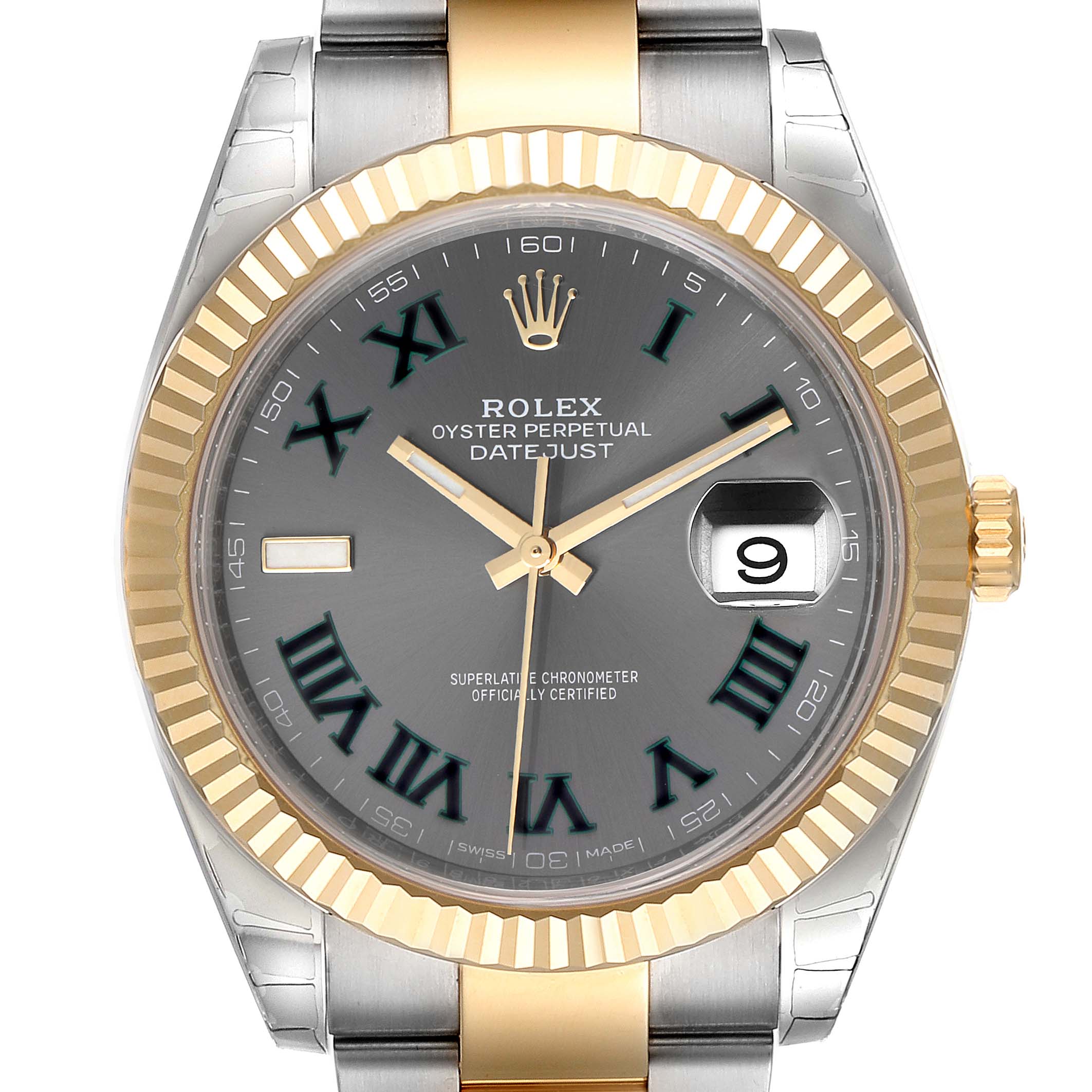 This image shows a close-up, front view of the Rolex Datejust 41 126333 Men's Steel and Gold (two tone) Grey Dial 126333 Men's Steel and Gold (two tone) Grey Dial watch, highlighting its dial, bezel, and part of the bracelet.