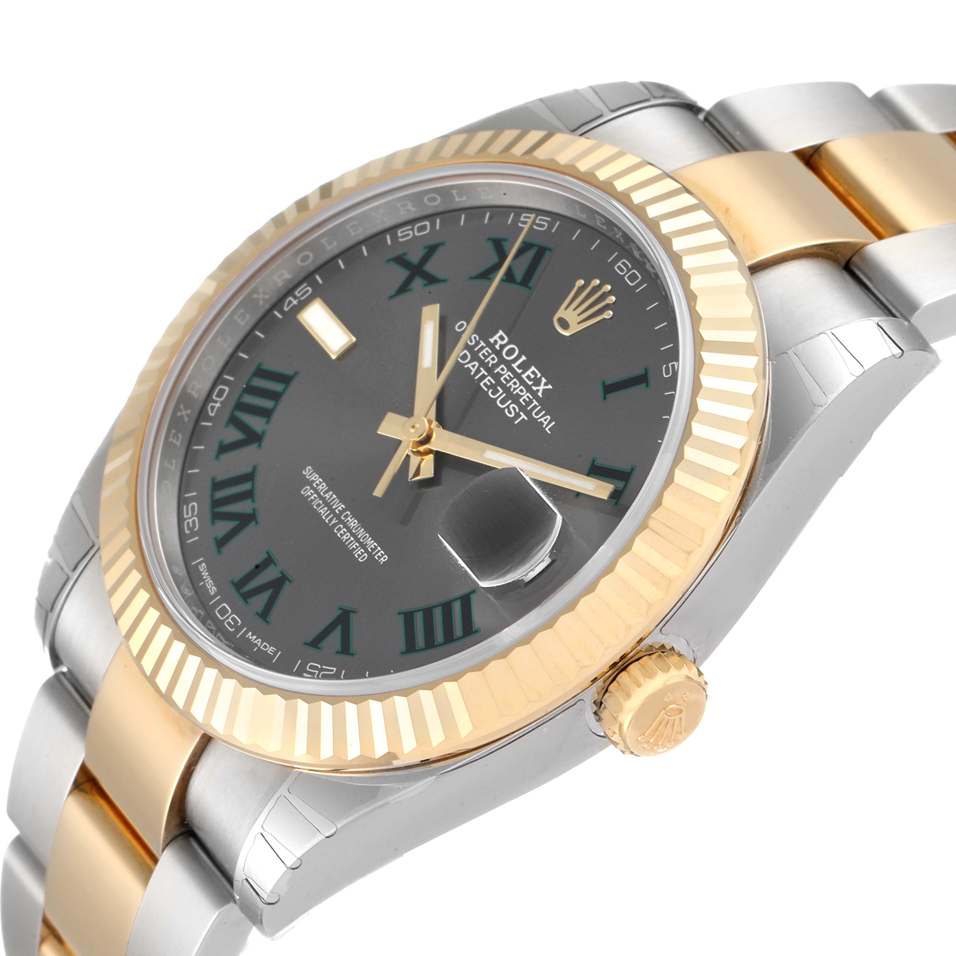 The image shows a close-up side angle of a Rolex Datejust 41 126333 Men's Steel and Gold (two tone) Grey Dial 126333 Men's Steel and Gold (two tone) Grey Dial watch, highlighting the bezel, dial, and part of the bracelet.