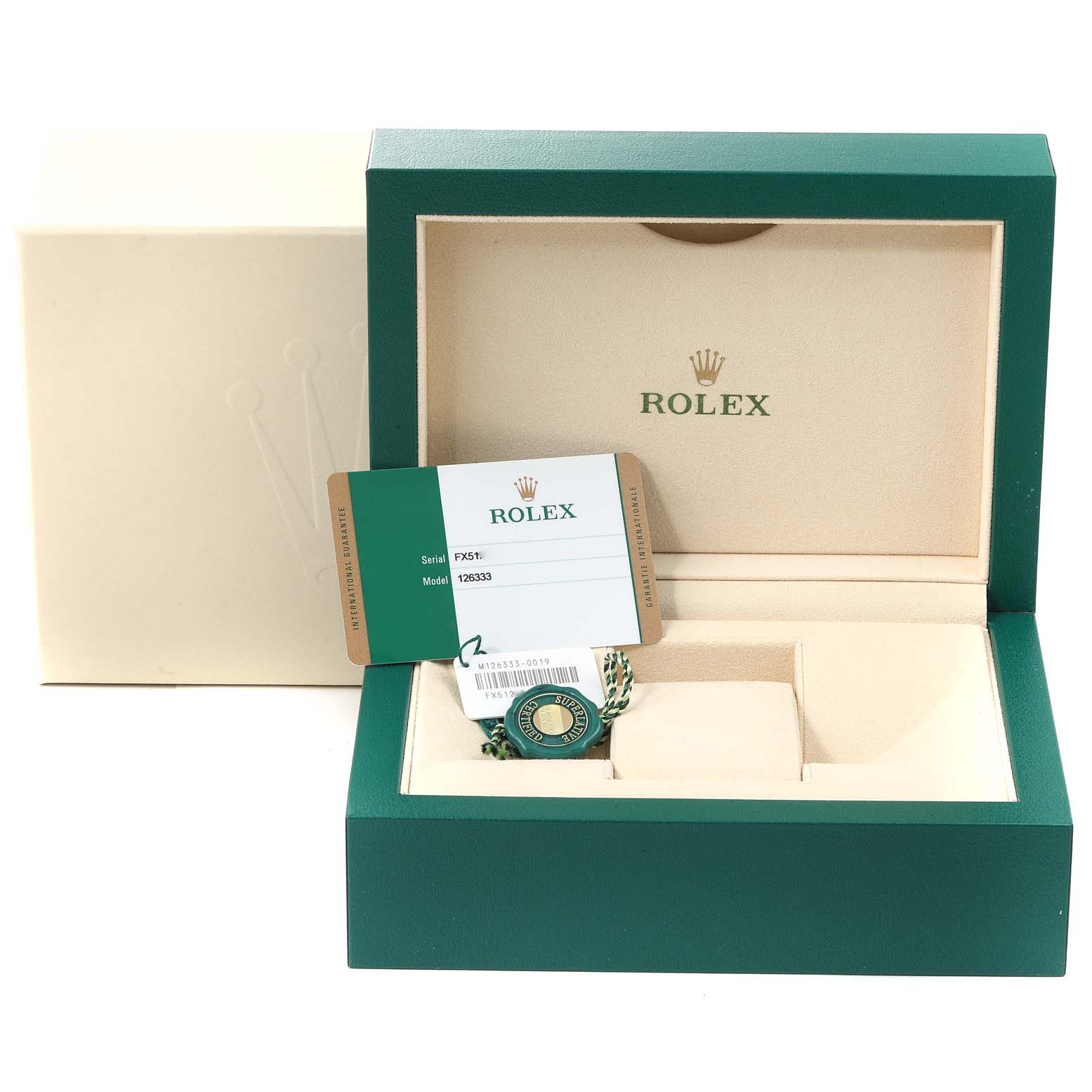 The image shows the box, card, and tag for a Rolex Datejust 41 126333 Men's Steel and Gold (two tone) Grey Dial 126333 Men's Steel and Gold (two tone) Grey Dial, from a slightly elevated front angle.