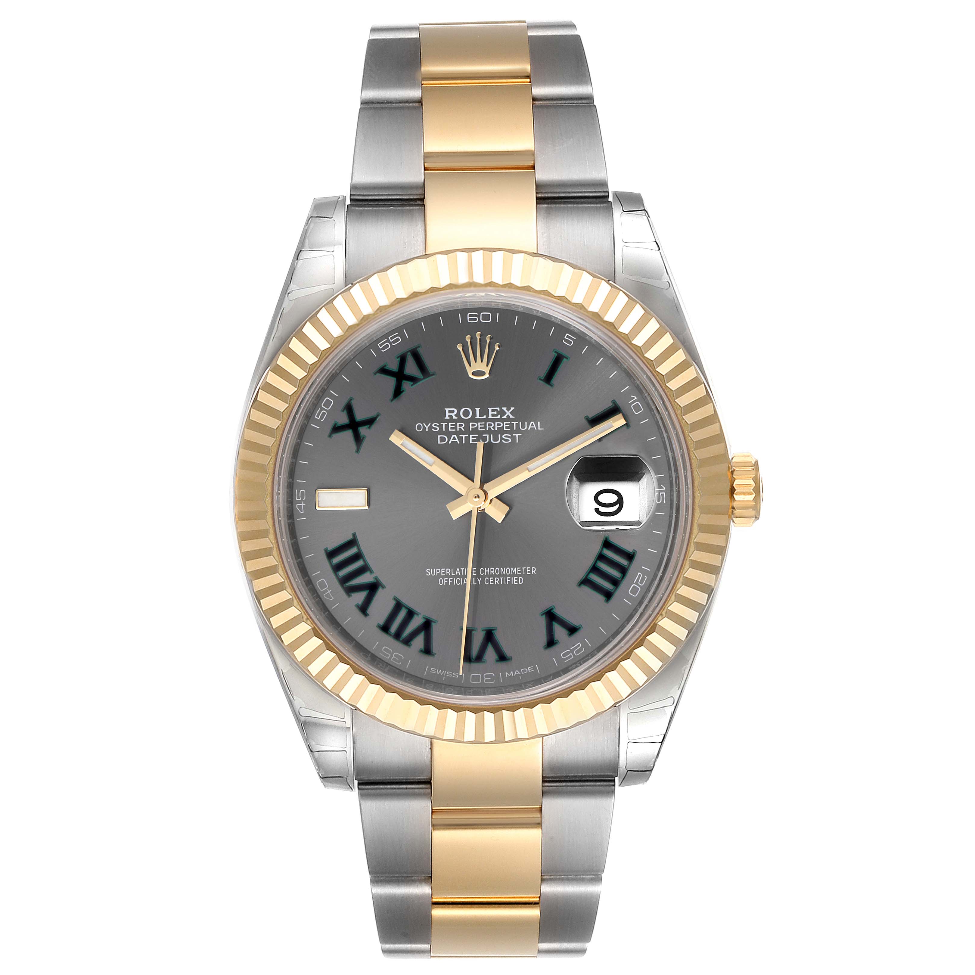 The image shows a front view of the Rolex Datejust 41 126333 Men's Steel and Gold (two tone) Grey Dial 126333 Men's Steel and Gold (two tone) Grey Dial watch, featuring a grey dial, gold fluted bezel, and two-tone bracelet.