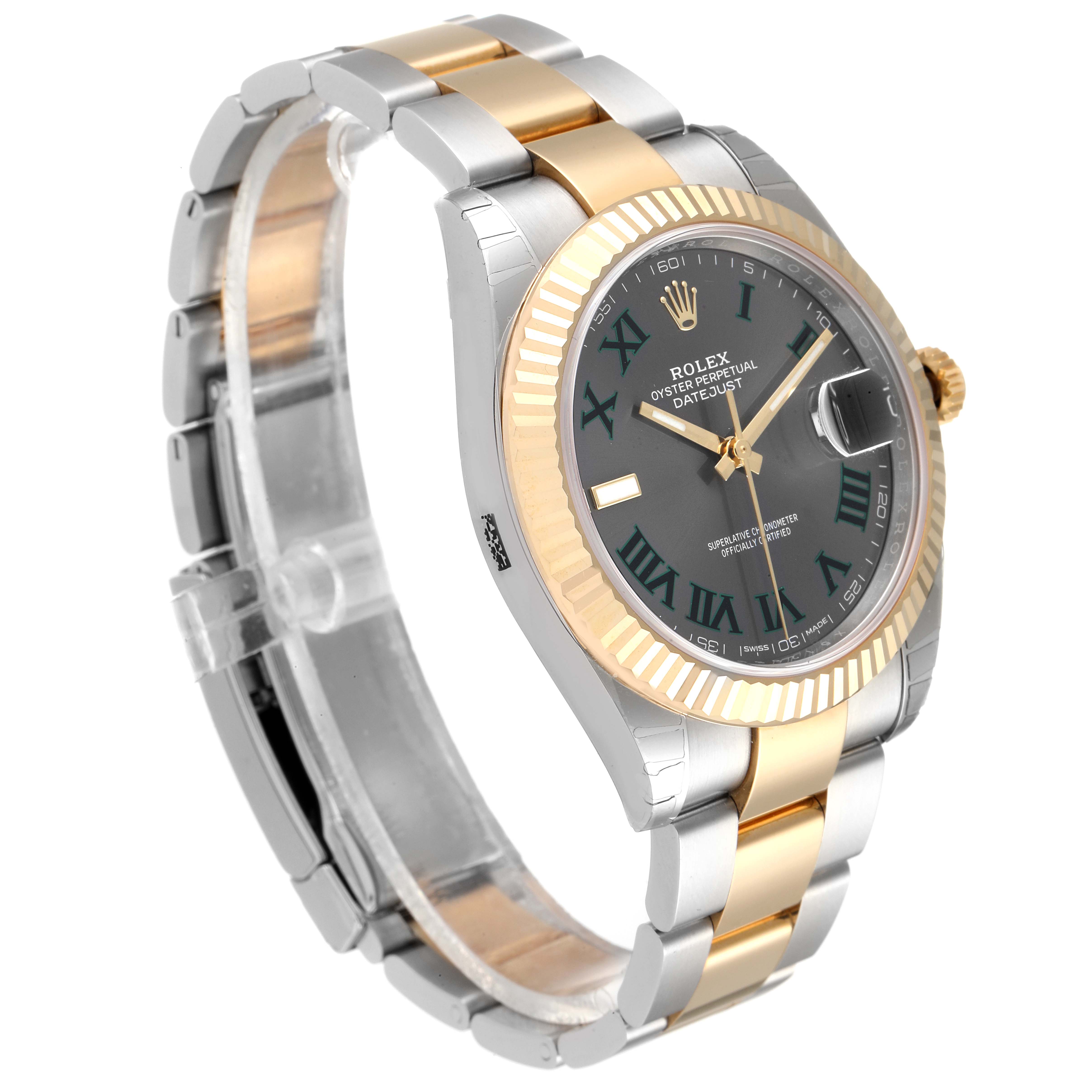The Rolex Datejust 41 126333 Men's Steel and Gold (two tone) Grey Dial 126333 Men's Steel and Gold (two tone) Grey Dial watch is shown from a front-side angle, highlighting the two-tone band, gold fluted bezel, and dark dial.