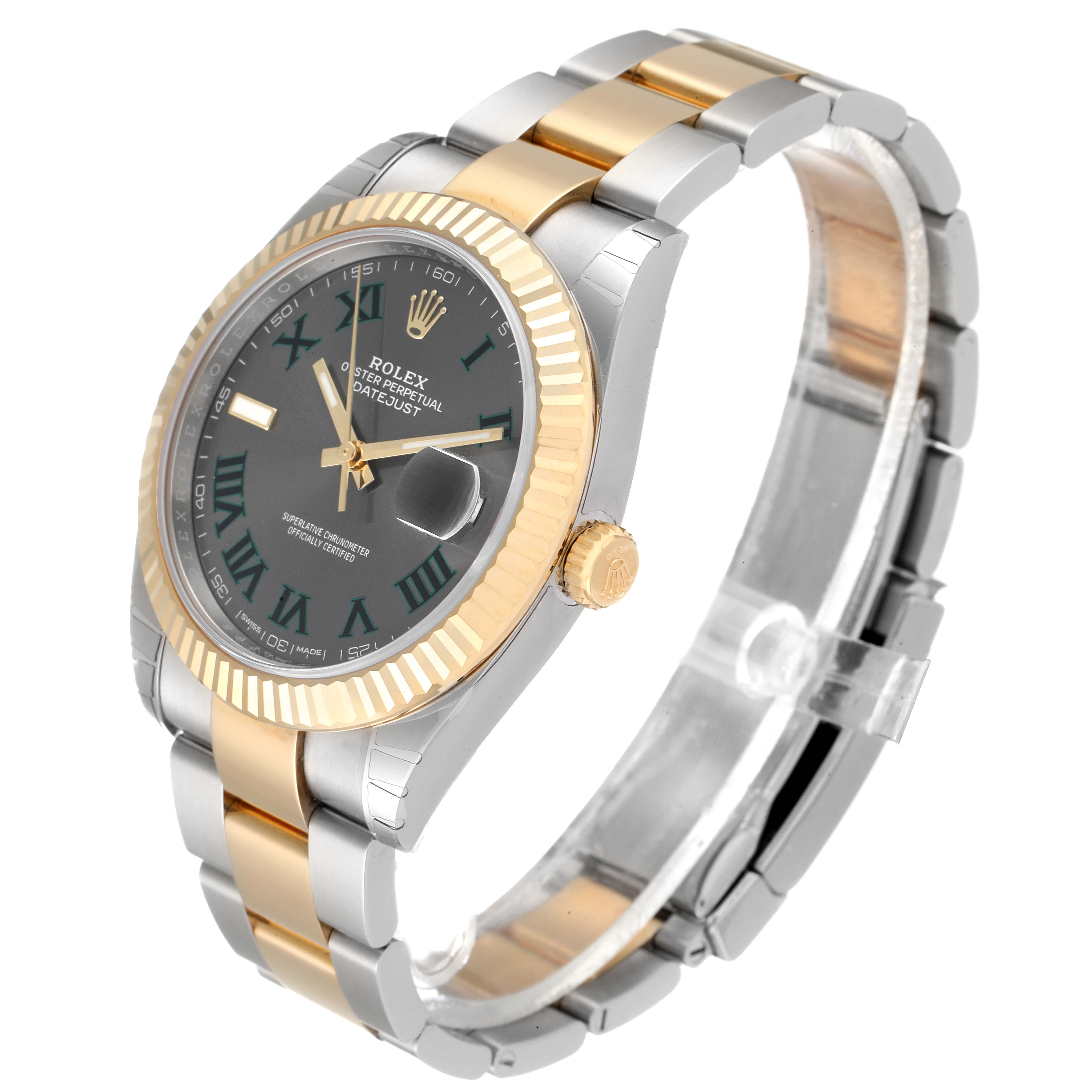 The Rolex Datejust 41 126333 Men's Steel and Gold (two tone) Grey Dial 126333 Men's Steel and Gold (two tone) Grey Dial is shown at a left-side angle, featuring the face, bezel, and bracelet.