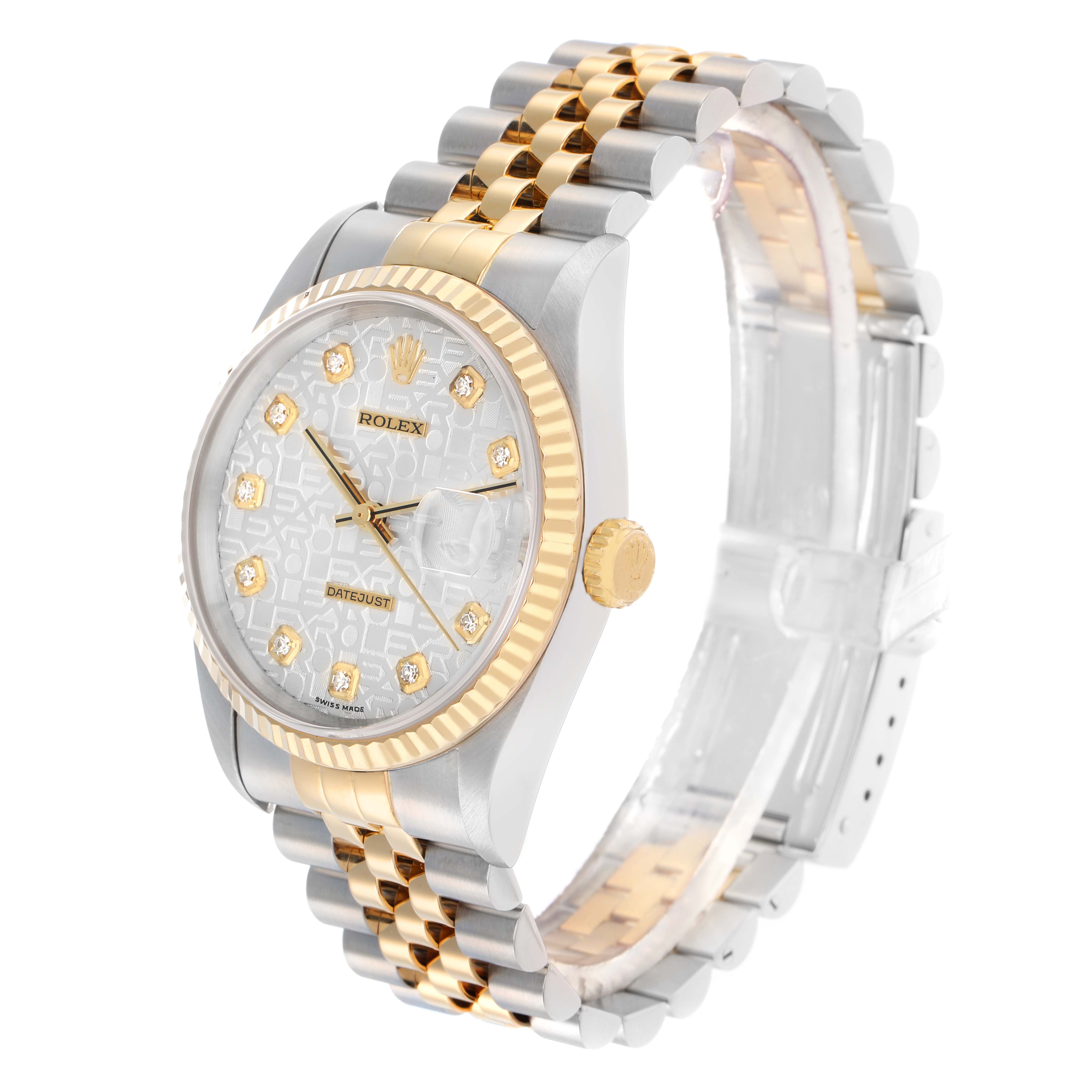 The Rolex Datejust 16233 Men
s Steel and Gold (two tone) Silver Dial watch is shown at a three-quarter angle, highlighting the dial, fluted bezel, crown, and two-tone bracelet.